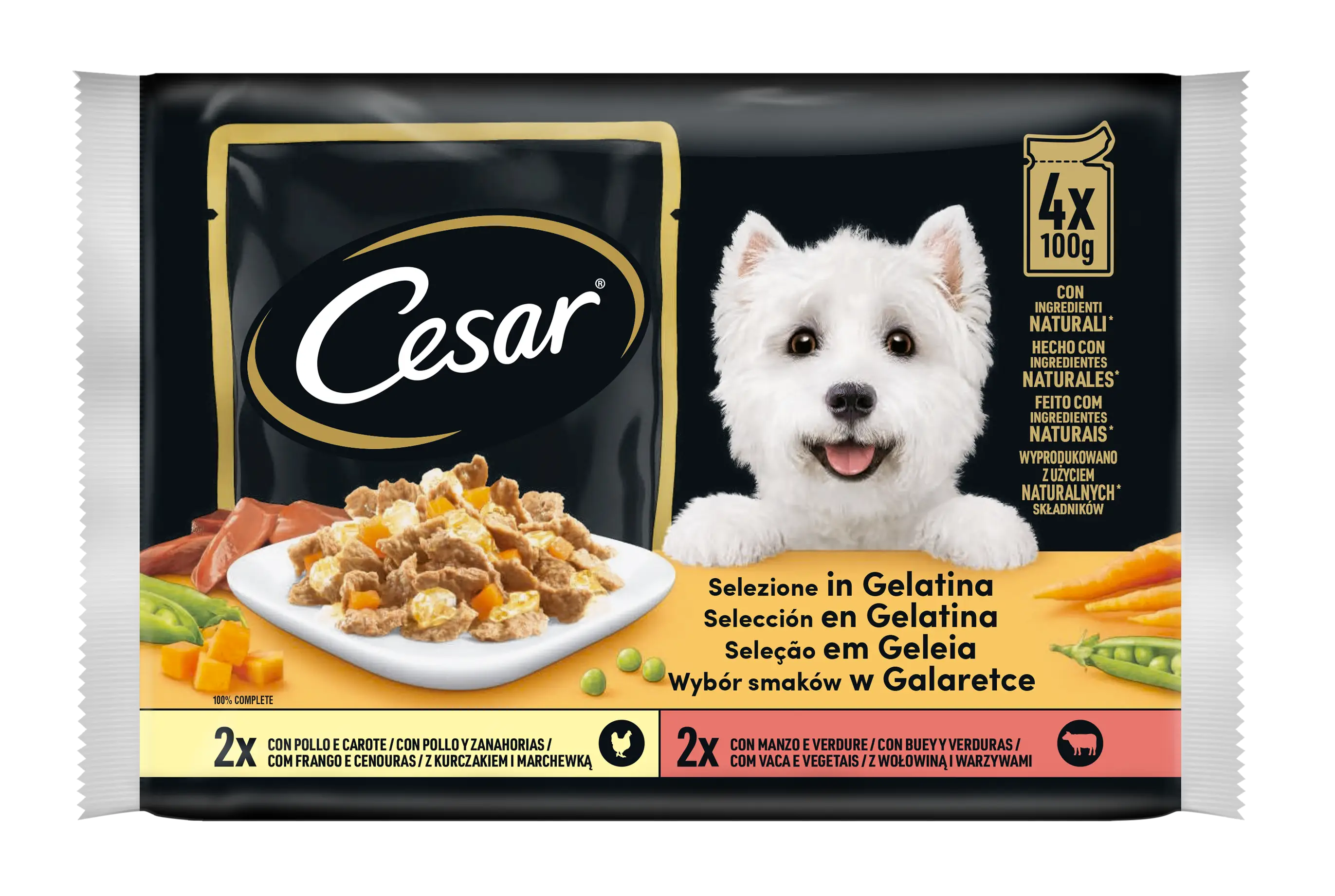 Paquete de comida para perros con un Westie blanco, carne y verduras en un plato.
