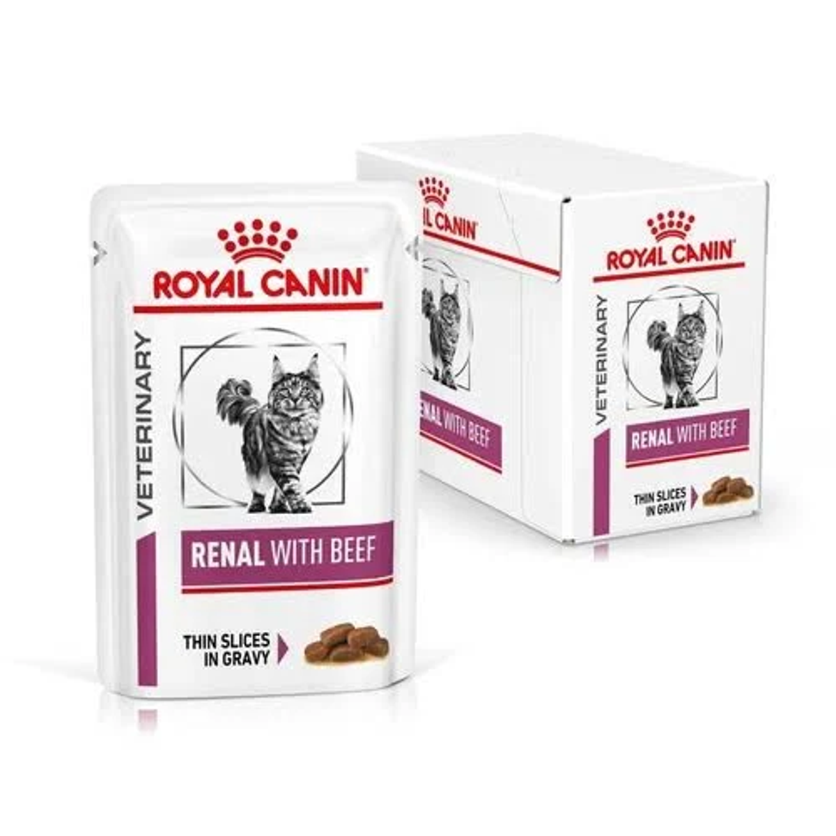 Royal Canin Veterinary Renal con ternera bolsa y caja de comida para gatos con imagen de gato.