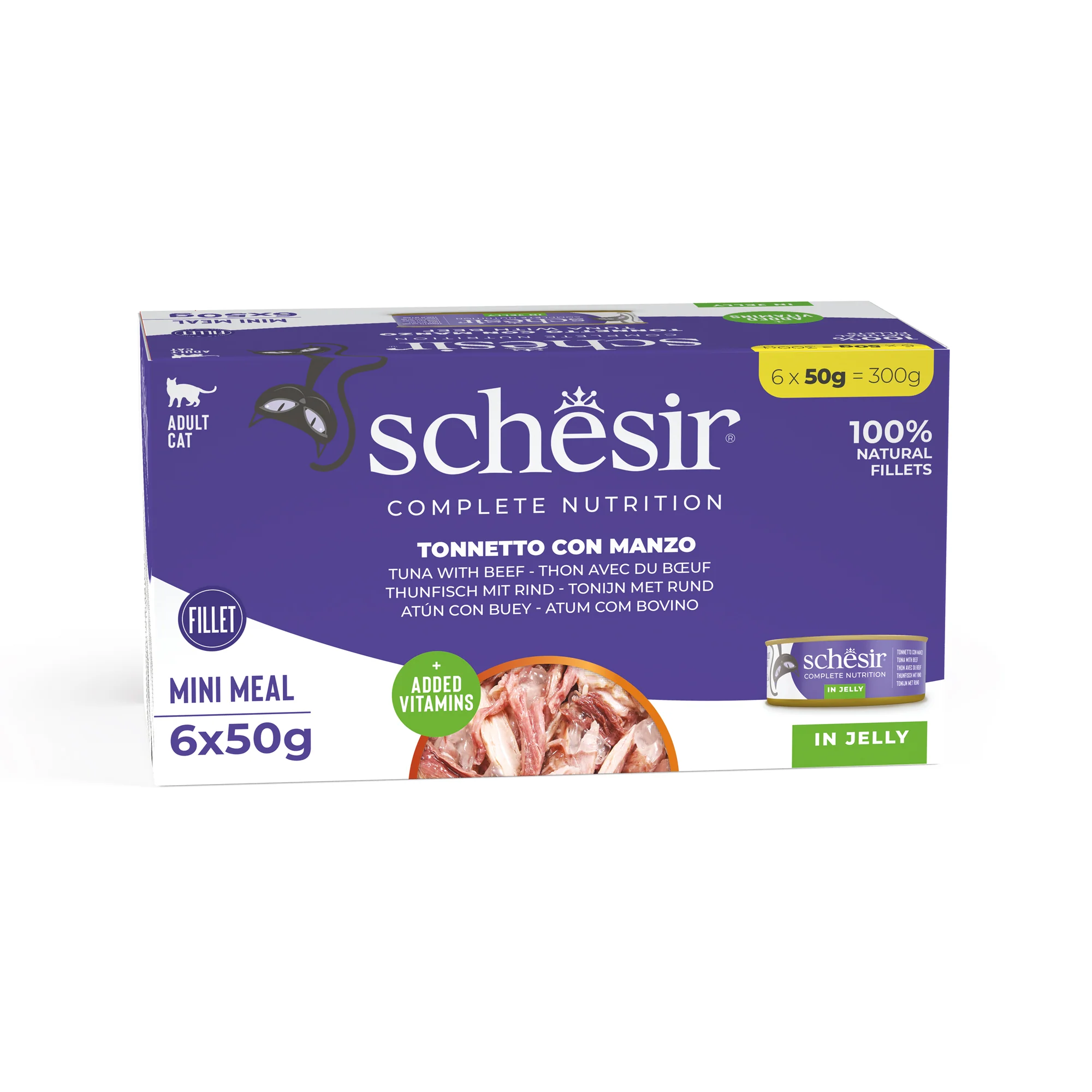 Comida para gatos Schesir: 6 latas de atún con ternera en gelatina, 100% filetes naturales.