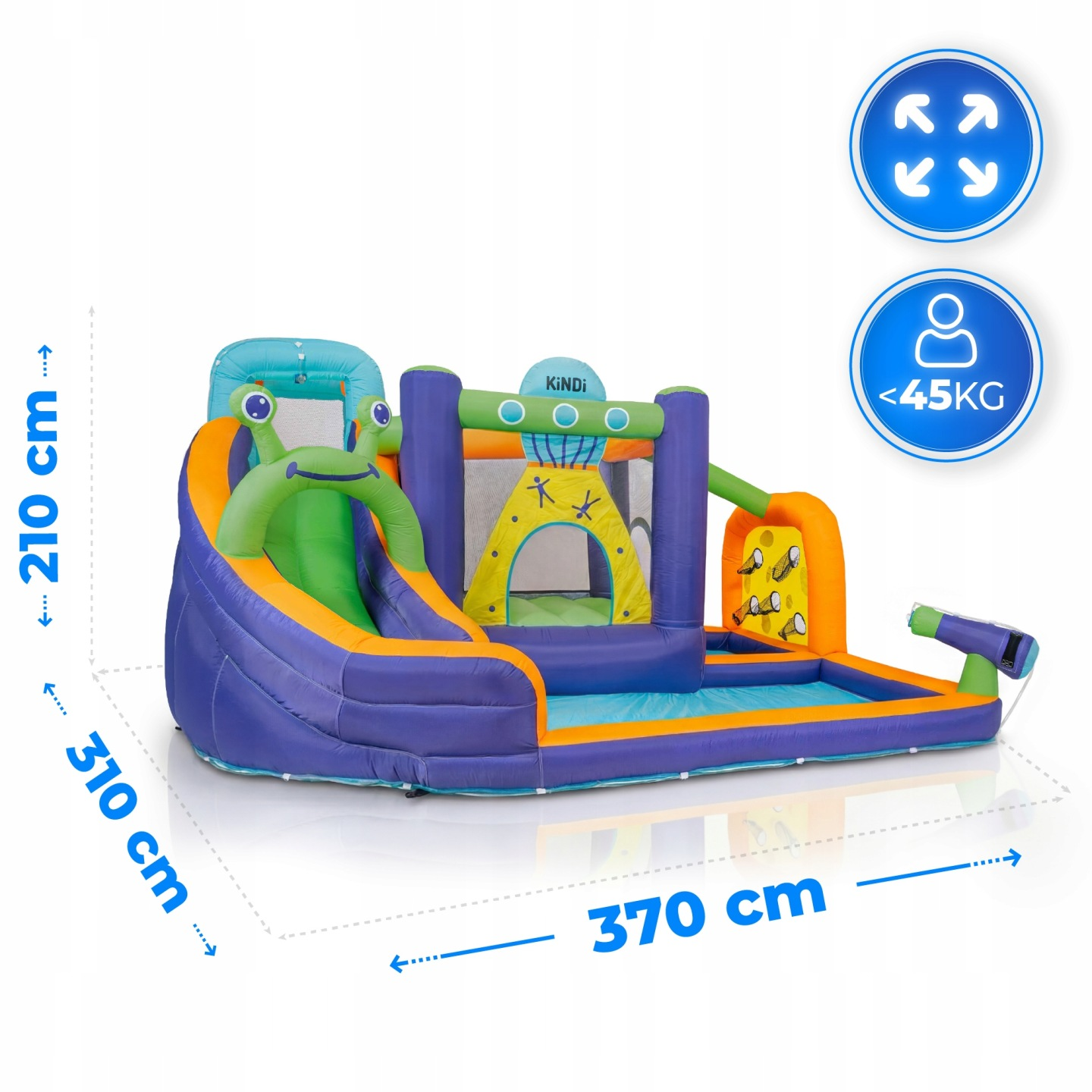 Aufblasbare Wasserrutsche mit Pool, Basketballkorb und Wassersprühfunktion.