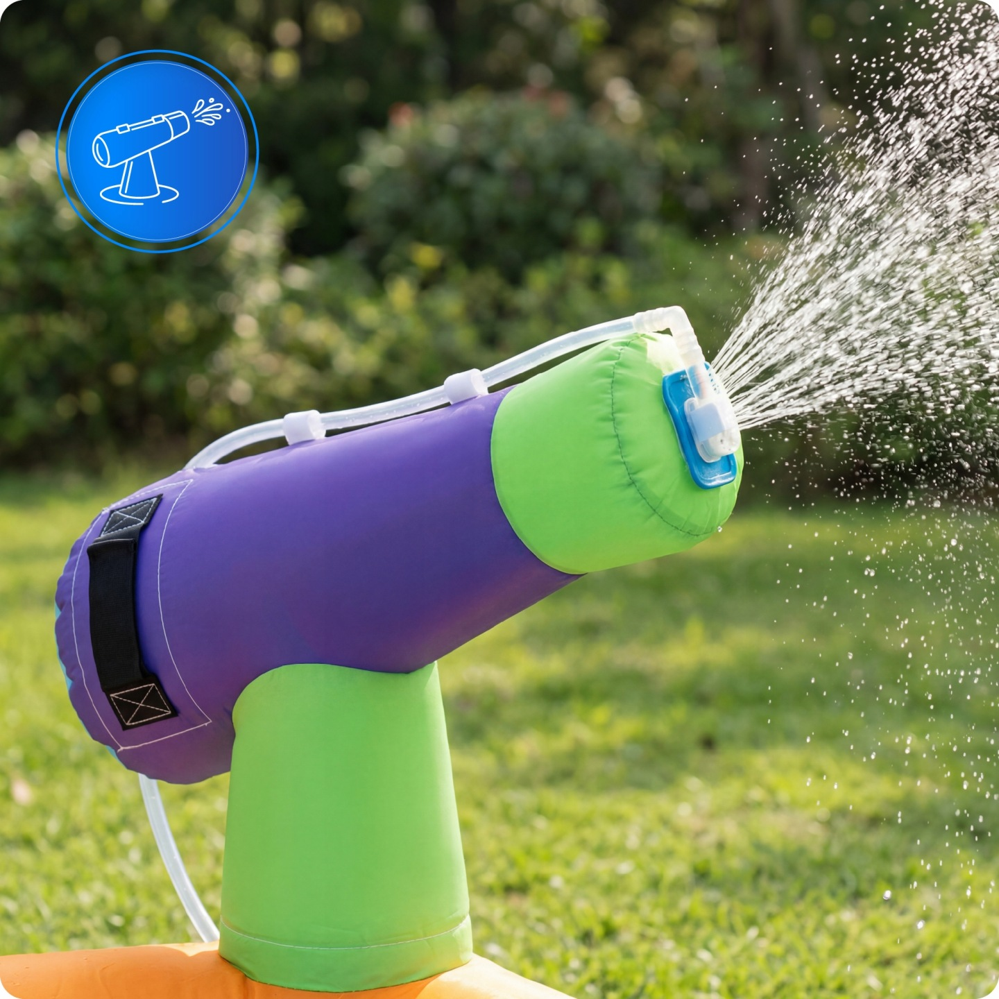 Lila und grüne Wasserpistole spritzt Wasser im Garten.