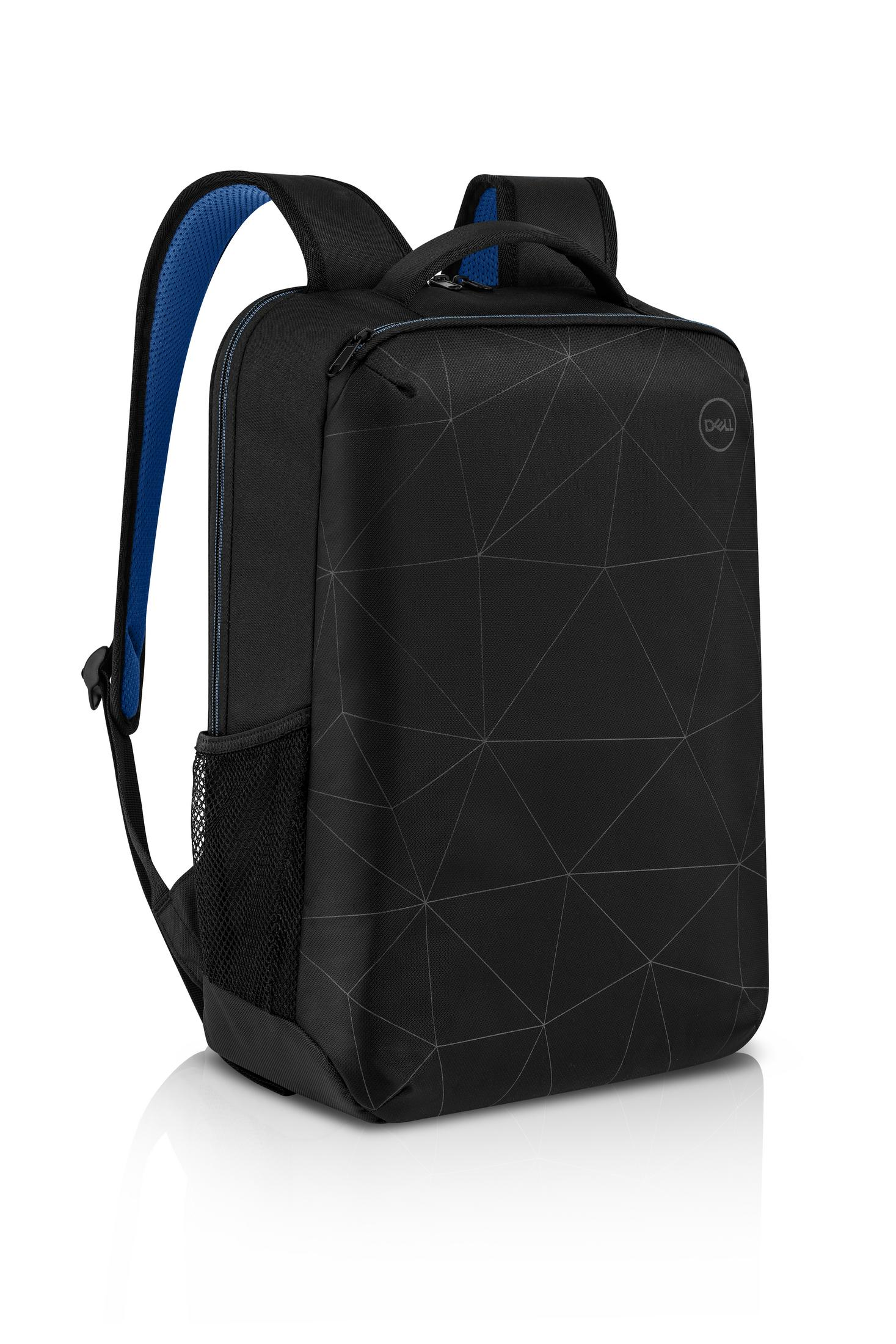 Zaino Dell nero con motivo geometrico e spalline blu.