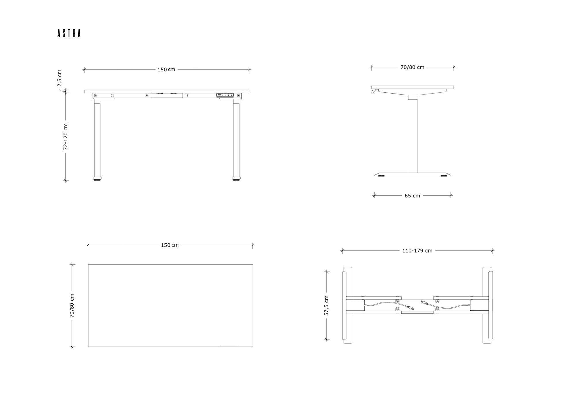 Rysunek techniczny biurka z regulacją wysokości z wymiarami.