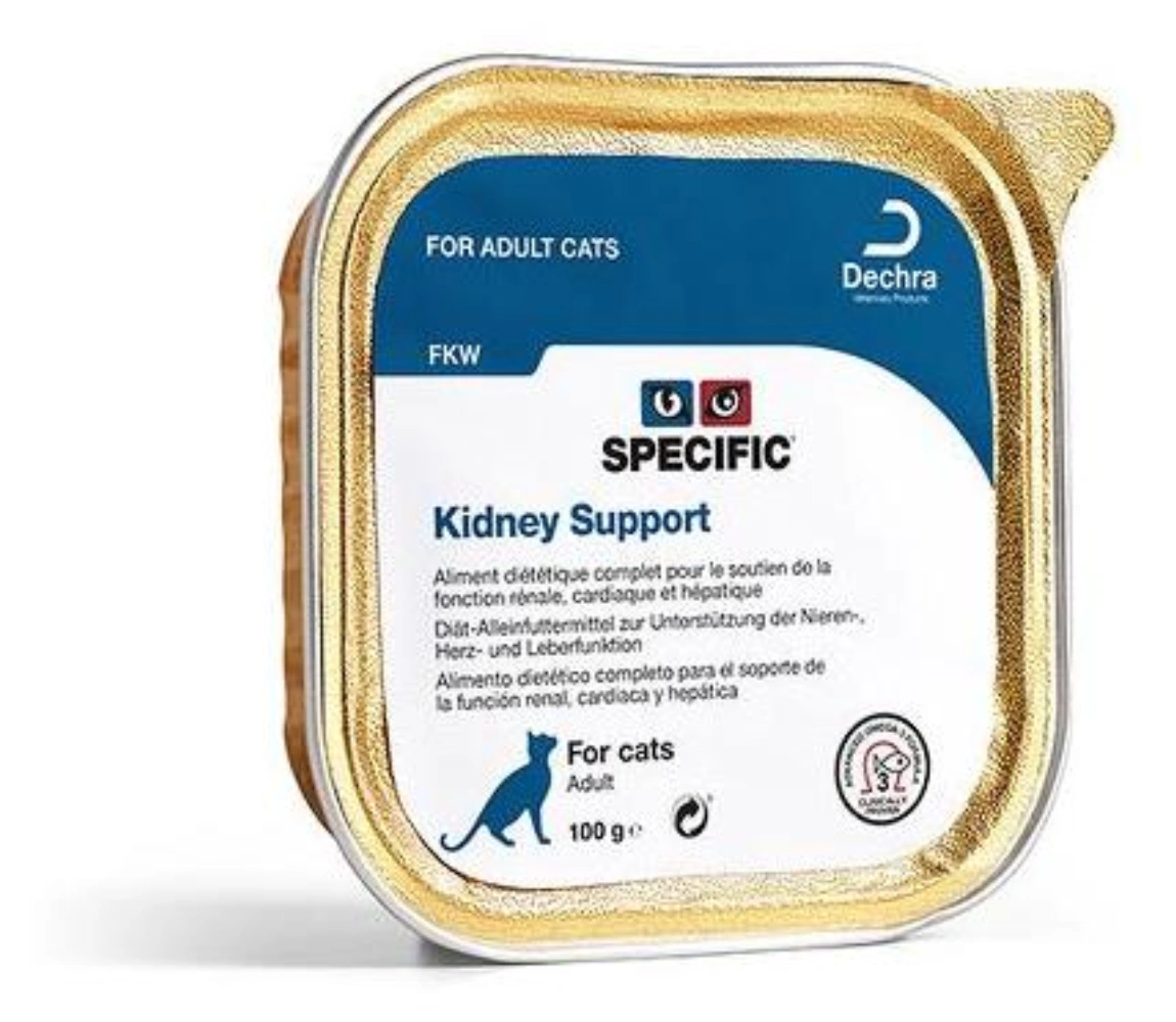 Una lata dorada de comida SPECIFIC Kidney Support para gatos adultos.