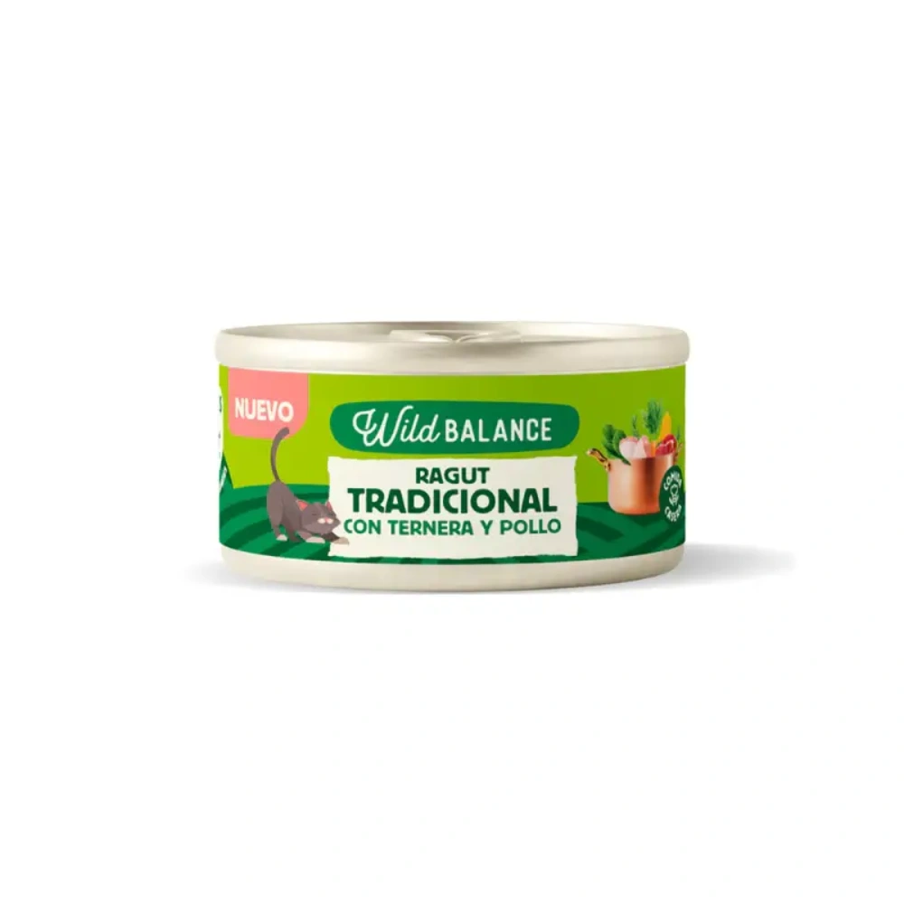 Una lata de comida para gatos Wild Balance con ternera y pollo. Con un gatito.