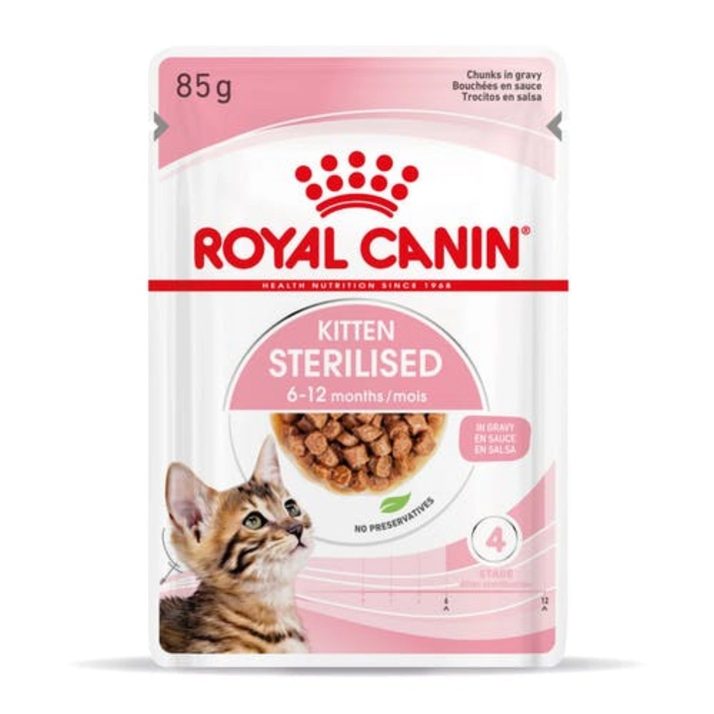Royal Canin Kitten Sterilised bolsa 85g con gatito y comida.