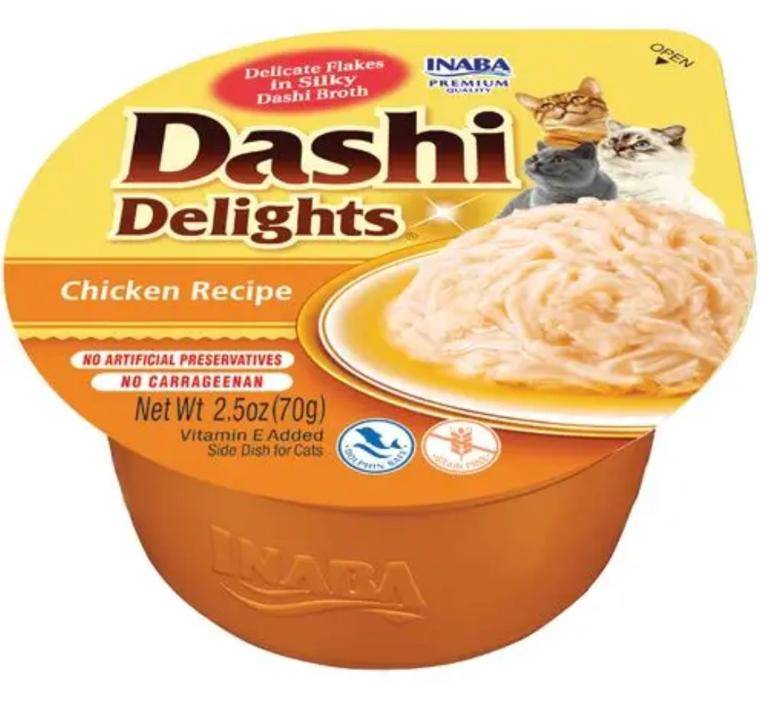 Comida para gatos Inaba Dashi Delights, receta de pollo, sin conservantes.
