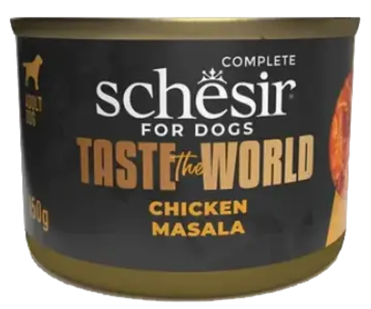 Lata de comida para perros Schesir, sabor Pollo Masala, 150g.