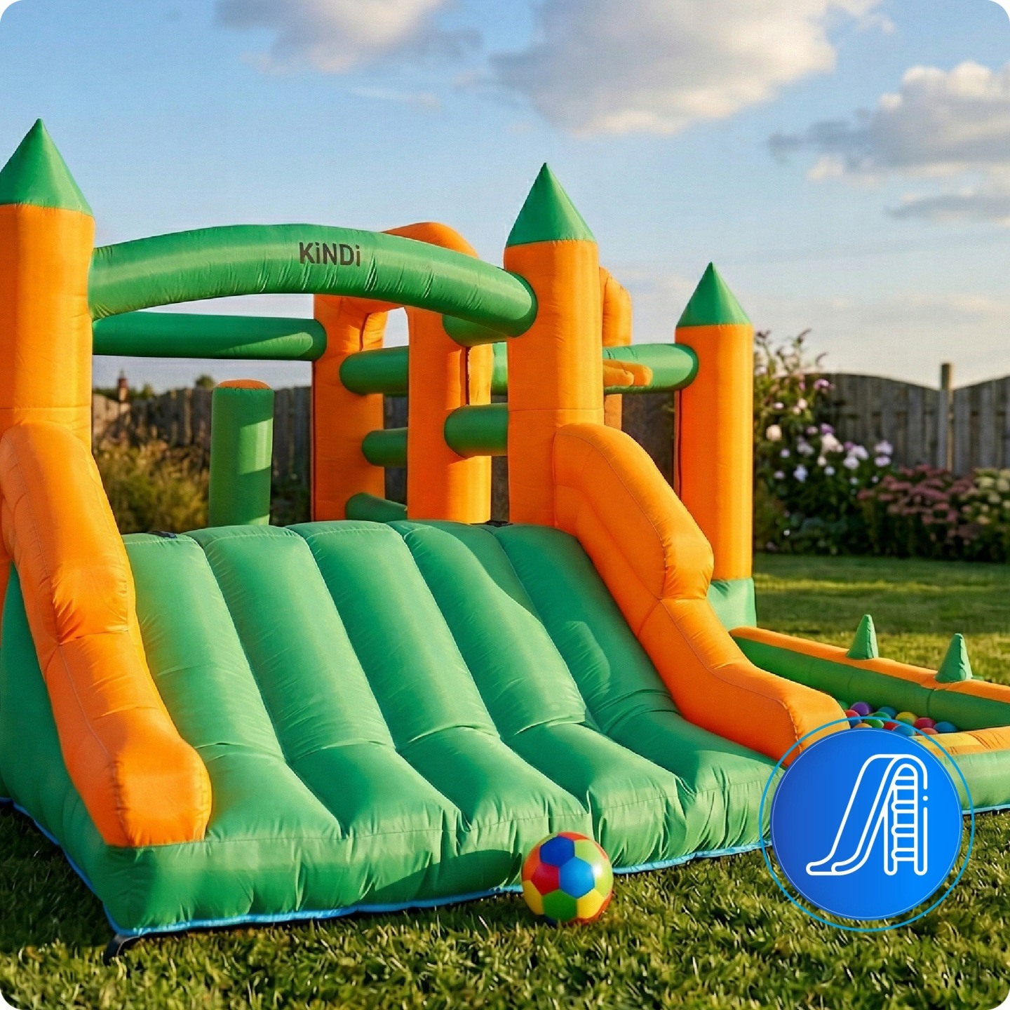 Orange und grüne Hüpfburg mit Rutschen, Bällebad und Ball auf Gras.