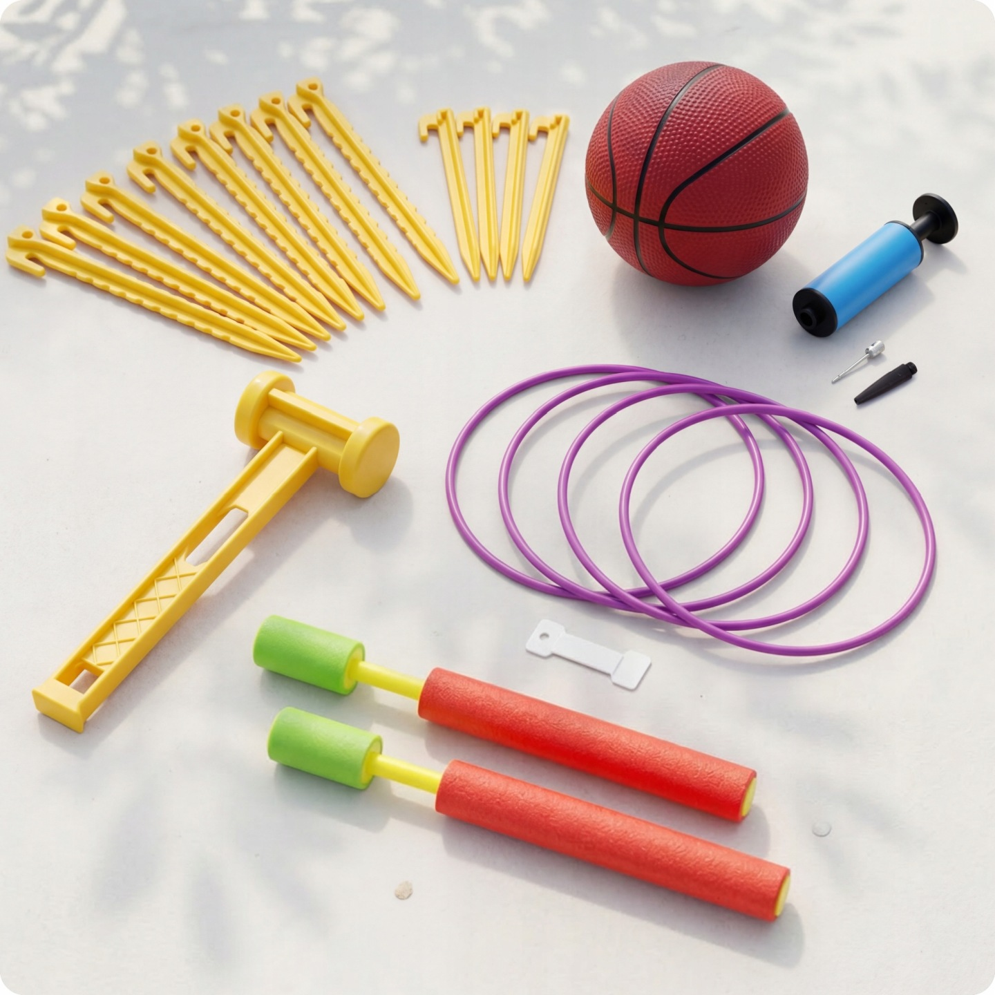 Gelbe Zeltheringe, ein roter Basketball, eine blaue Pumpe, lila Reifen und zwei Wasserspielzeuge.