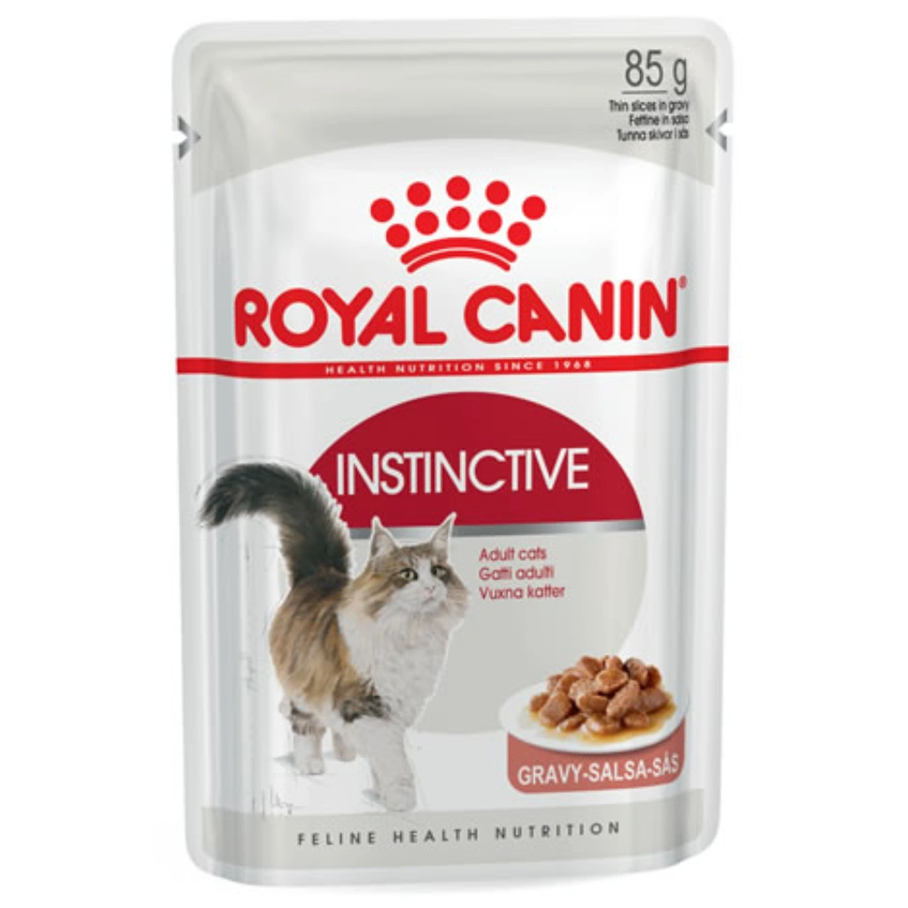Bolsa de comida para gatos Royal Canin Instinctive con imagen de gato y comida.