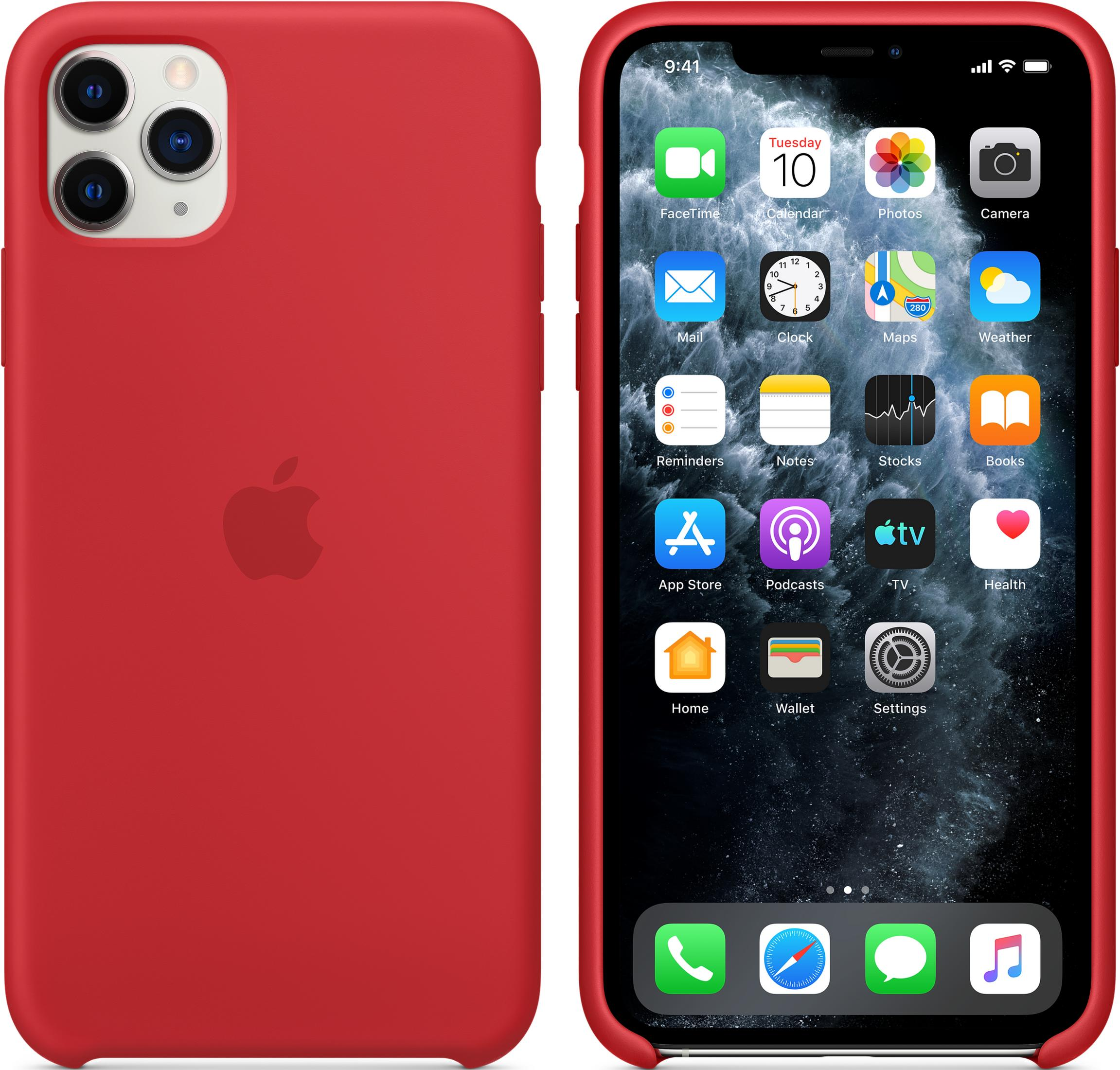Coque rouge pour iPhone et iPhone avec apps. L'heure est 9:41.