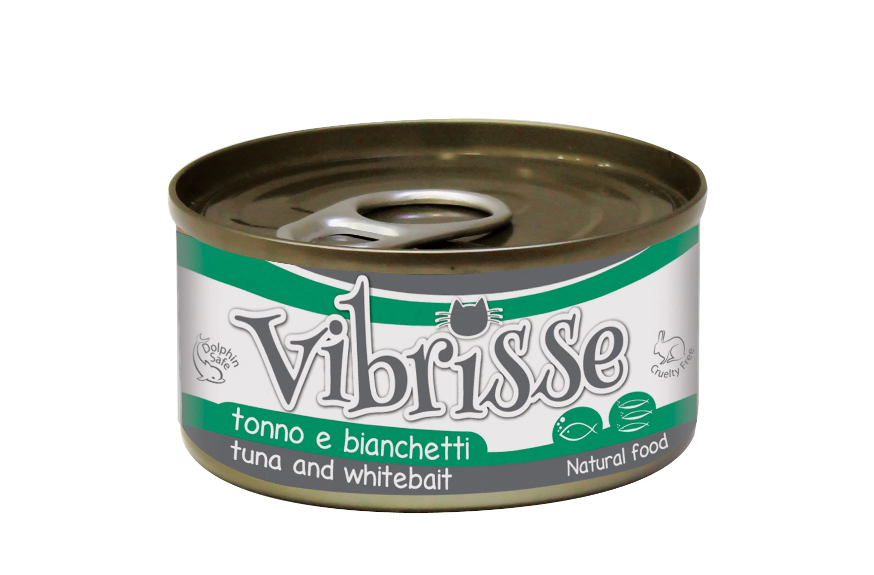 Una lata de comida para gatos con atún y chanquetes, con anilla de apertura.