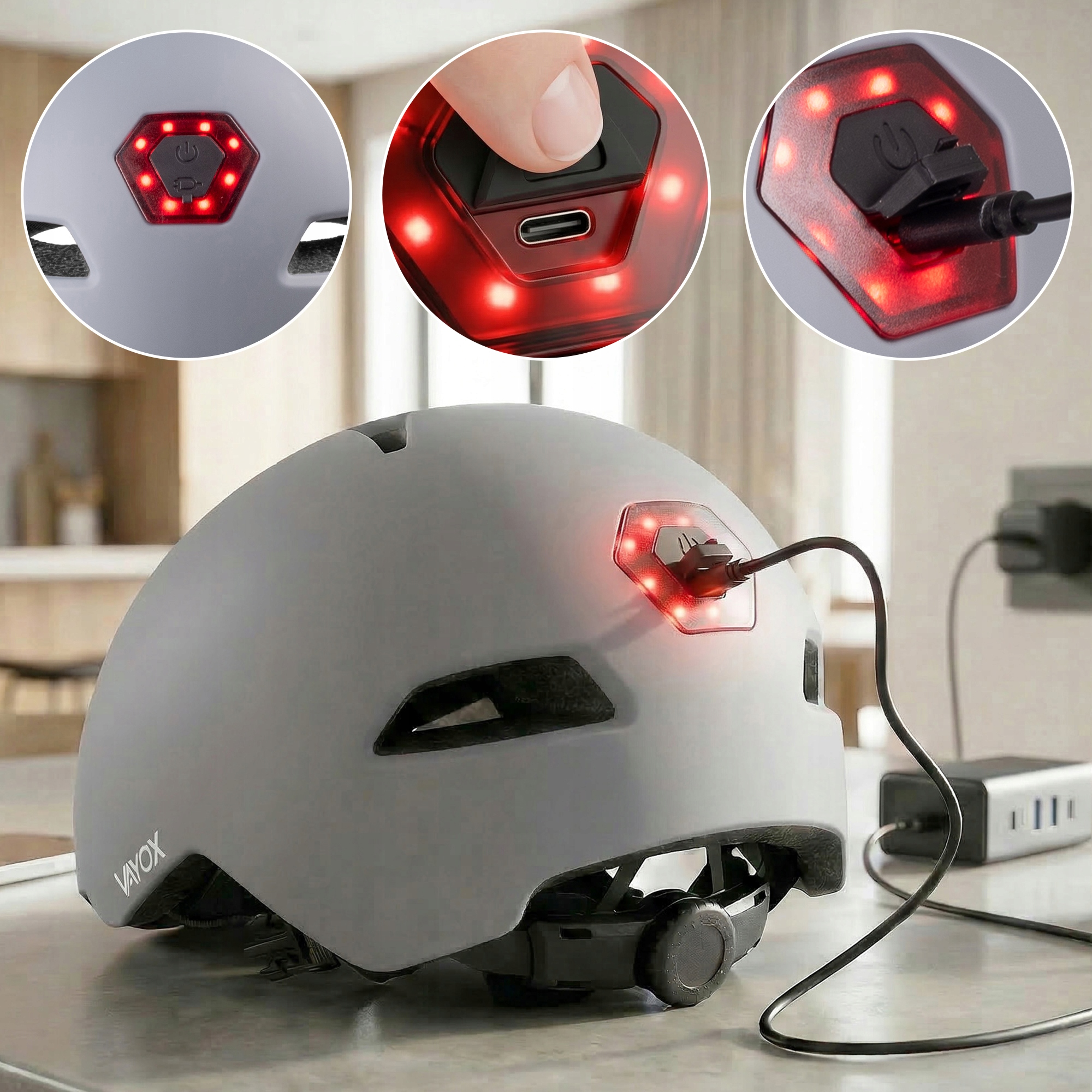 Szary kask rowerowy z czerwonym światłem tylnym ładowanym przez USB.