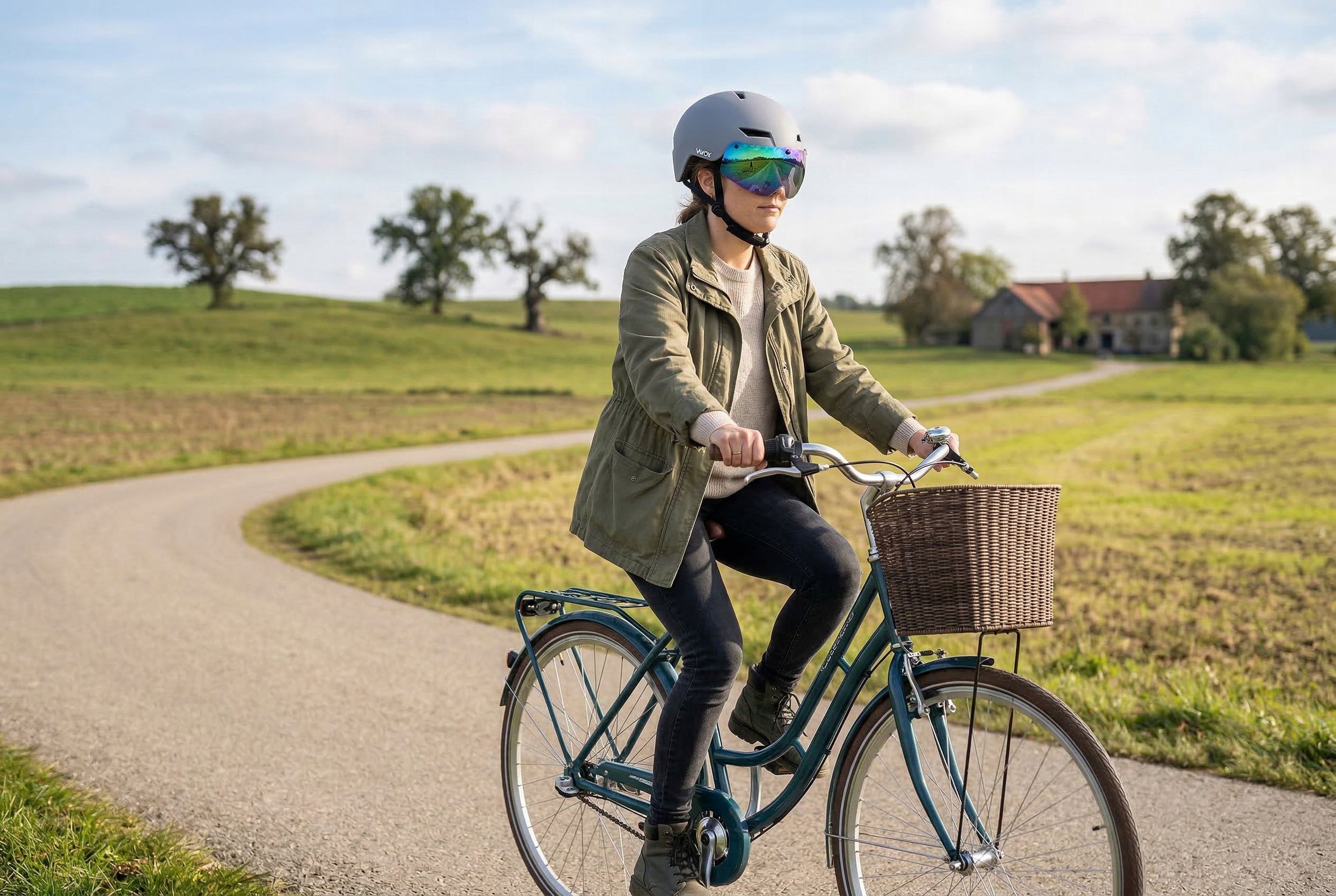 Kobieta jedzie rowerem po drodze z polami i drzewami w tle.