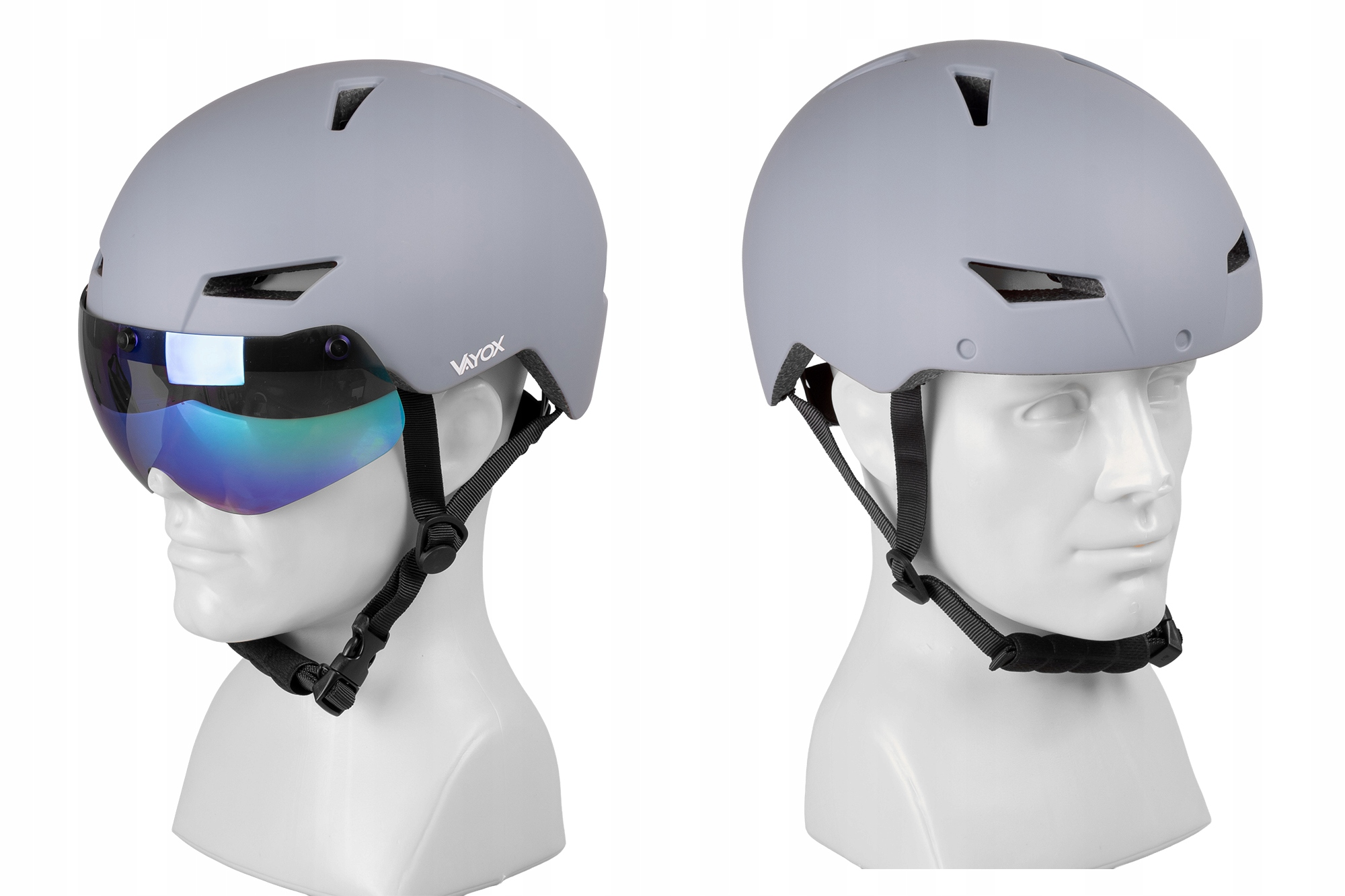 Szary kask z wizjerem na białym manekinie.