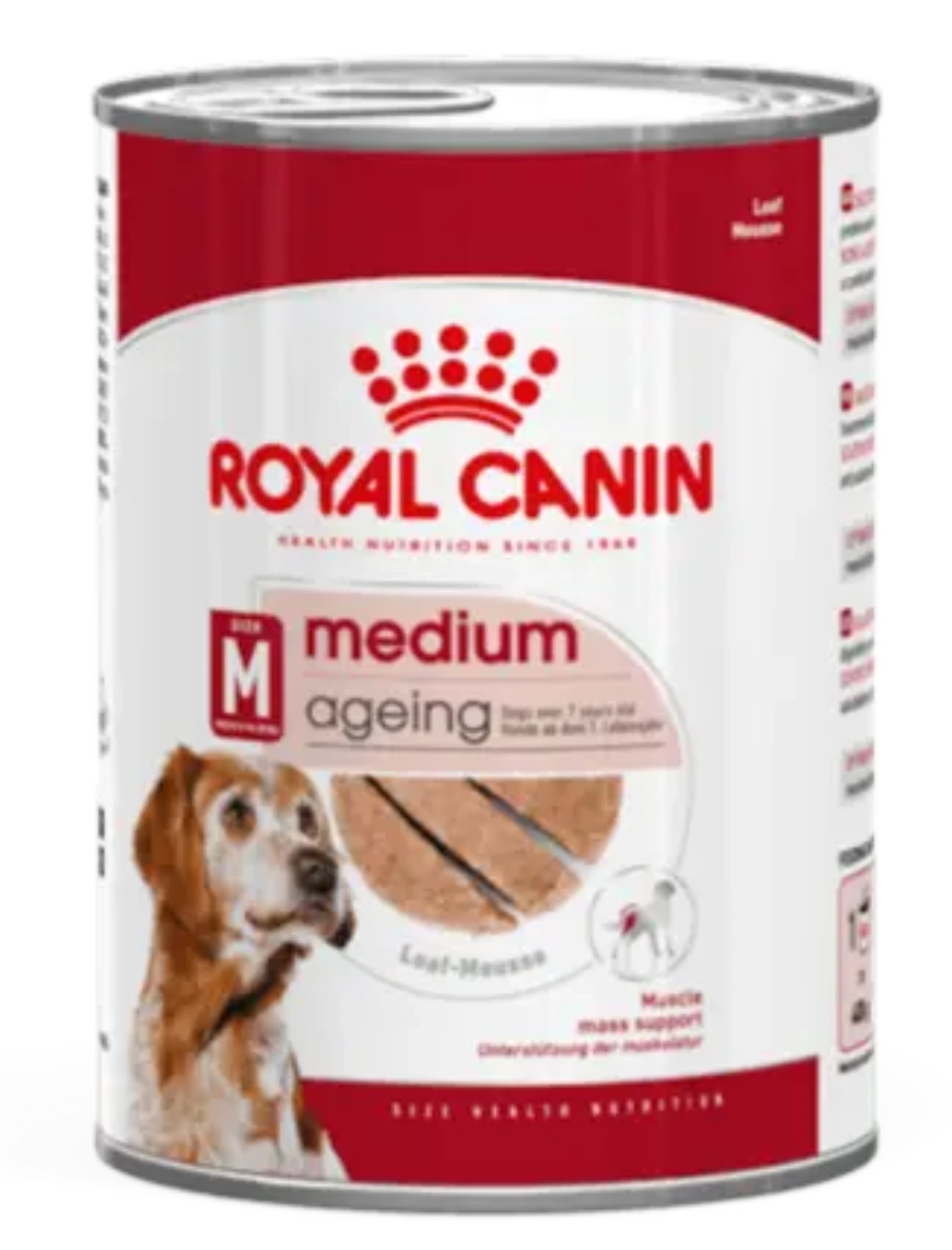Una lata de comida para perros Royal Canin para perros medianos mayores.