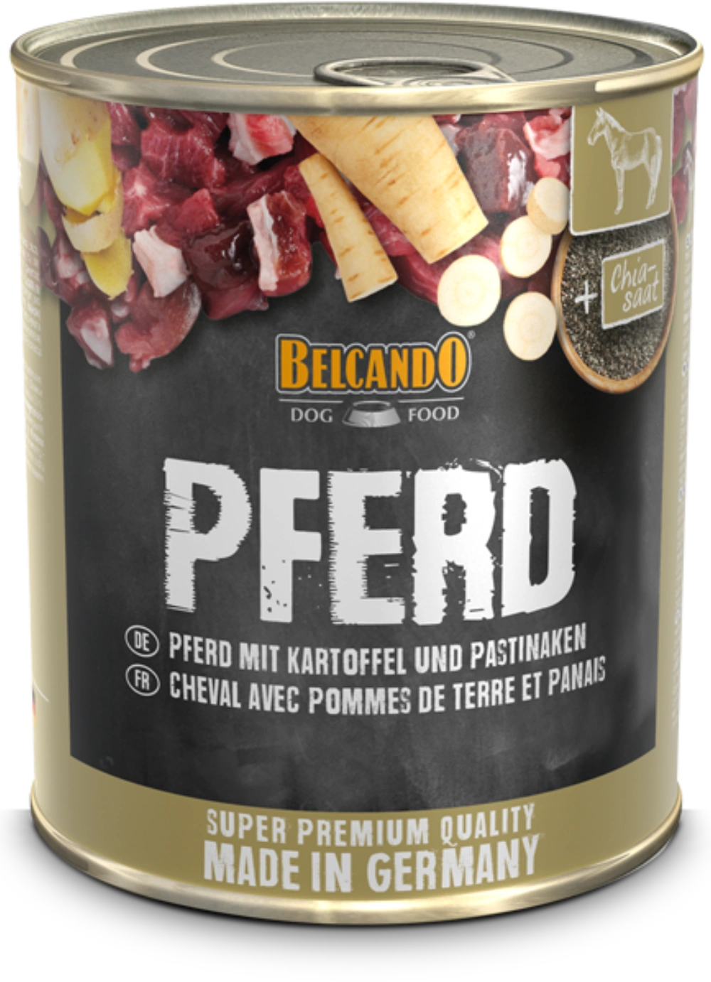 Lata de comida para perros con carne de caballo, patatas, chirivías y chía.