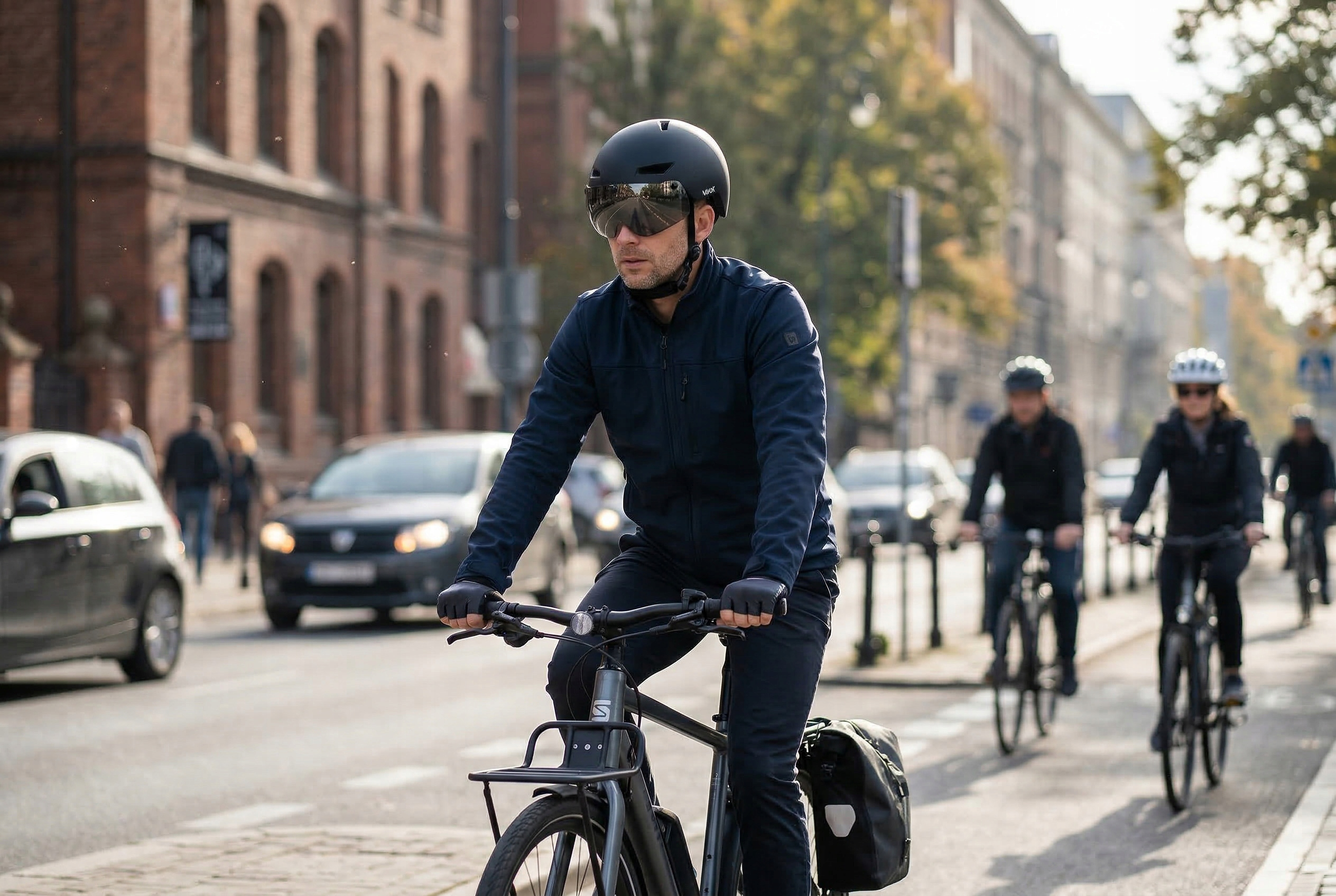 Mężczyzna jedzie rowerem po mieście, z innymi rowerzystami i samochodami.