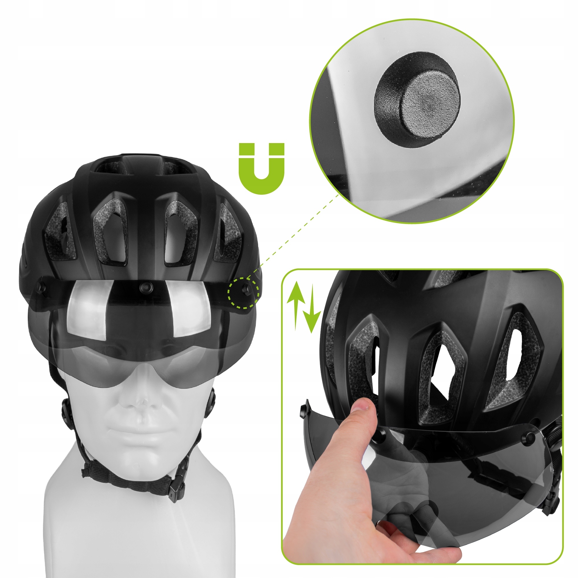 Czarny kask rowerowy z odpinanym wizjerem, widoki szczegółowe.