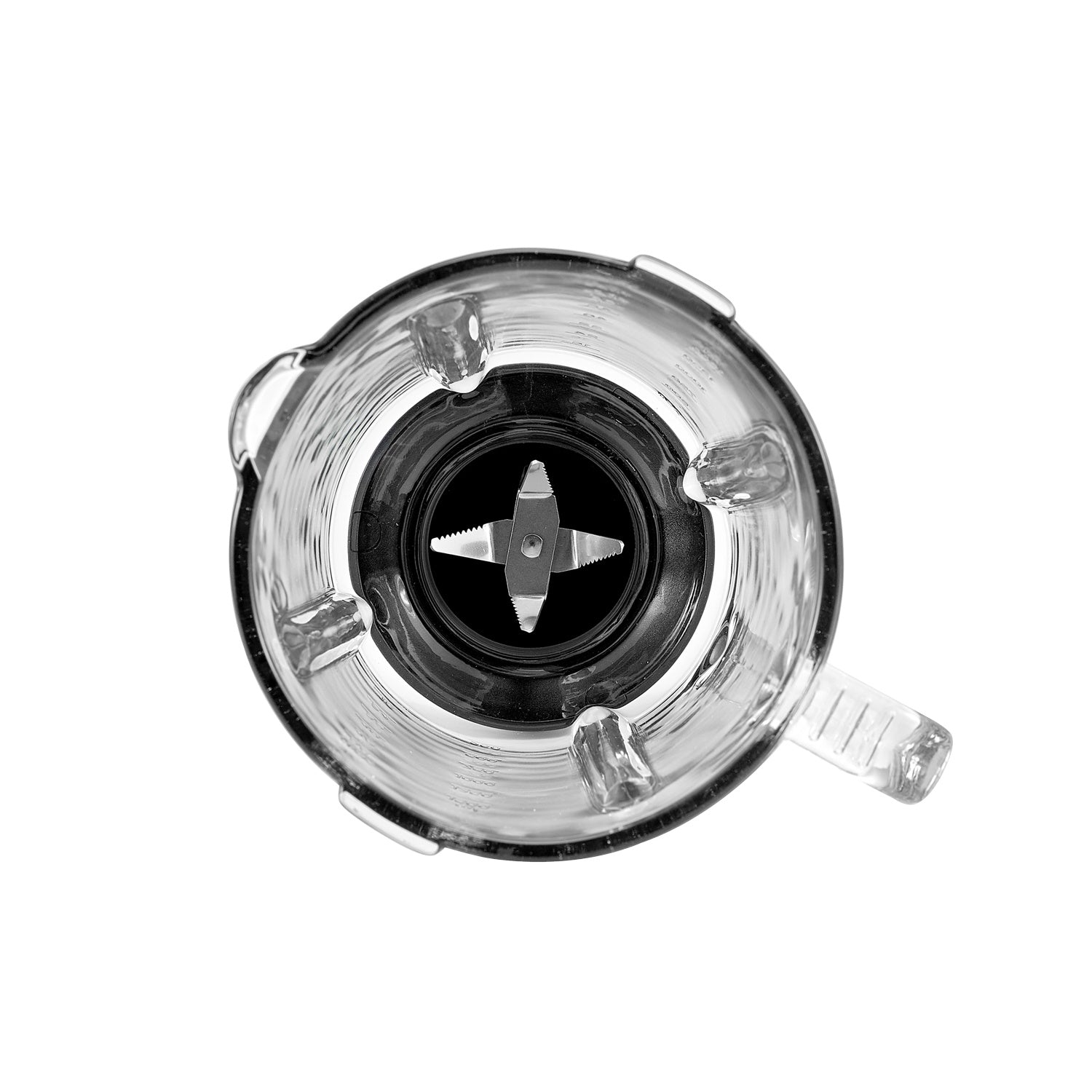 Top view of a glass blender jar with blades, handles, and measurement markings.