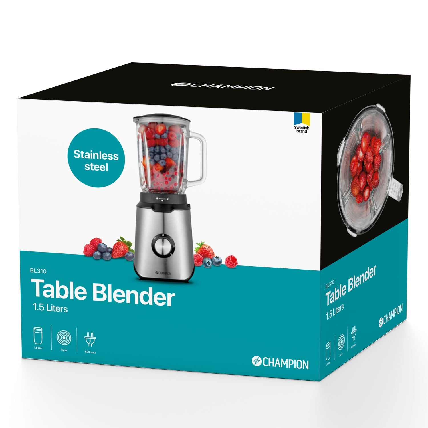A silver table blender with a glass jar full of berries on a blue box.