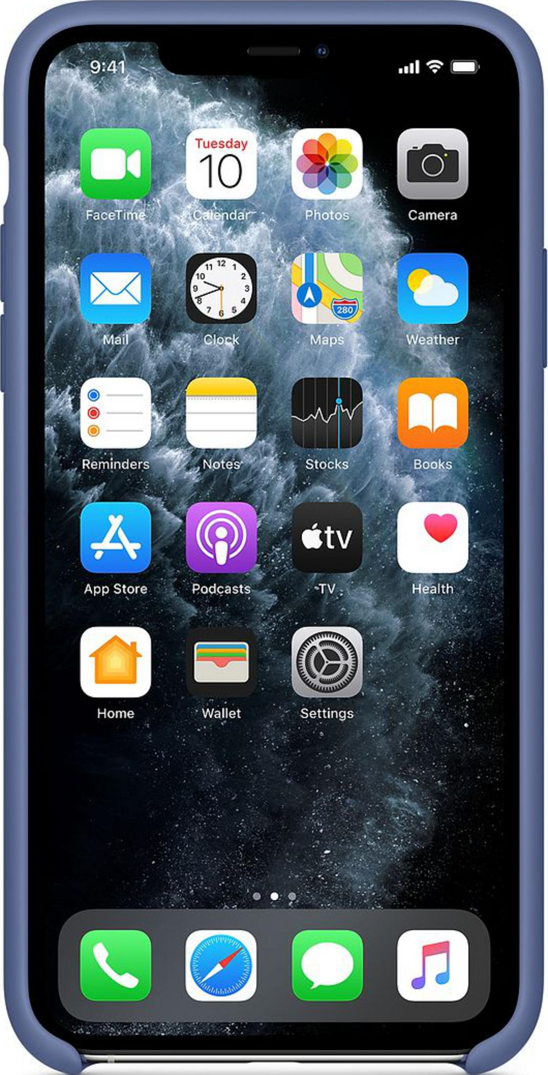 Schermata home iPhone con app come FaceTime, Calendario, Foto, Fotocamera, Mail, Orologio, Mappe, Meteo.