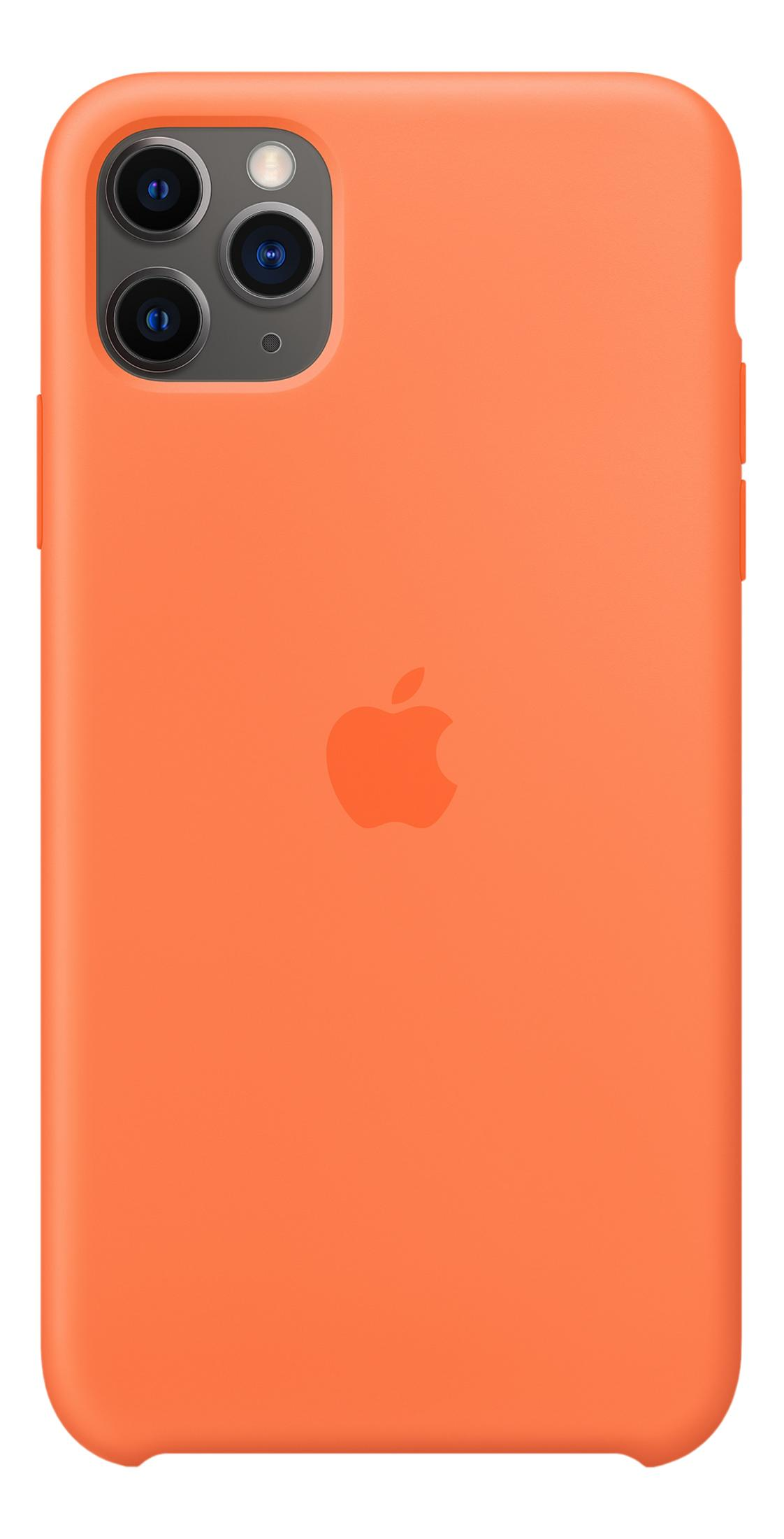 Oranje iPhone hoesje met drie cameralenzen en Apple logo.