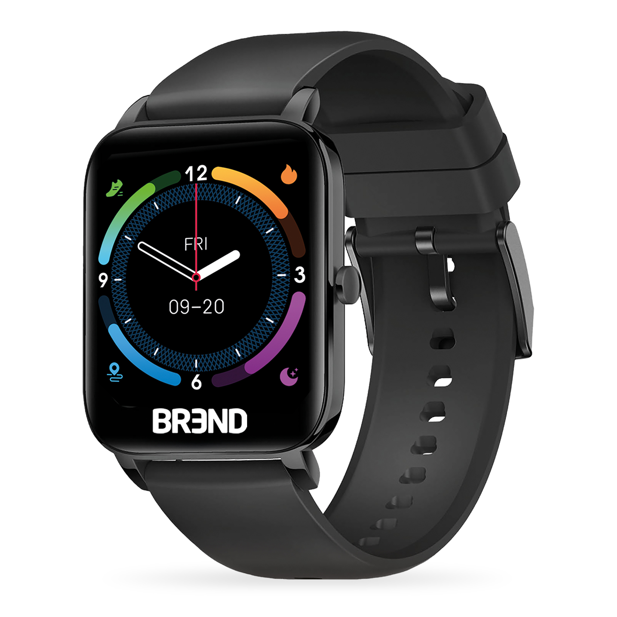 Een zwarte smartwatch met een vierkant display dat tijd, datum en activiteitsgegevens toont.