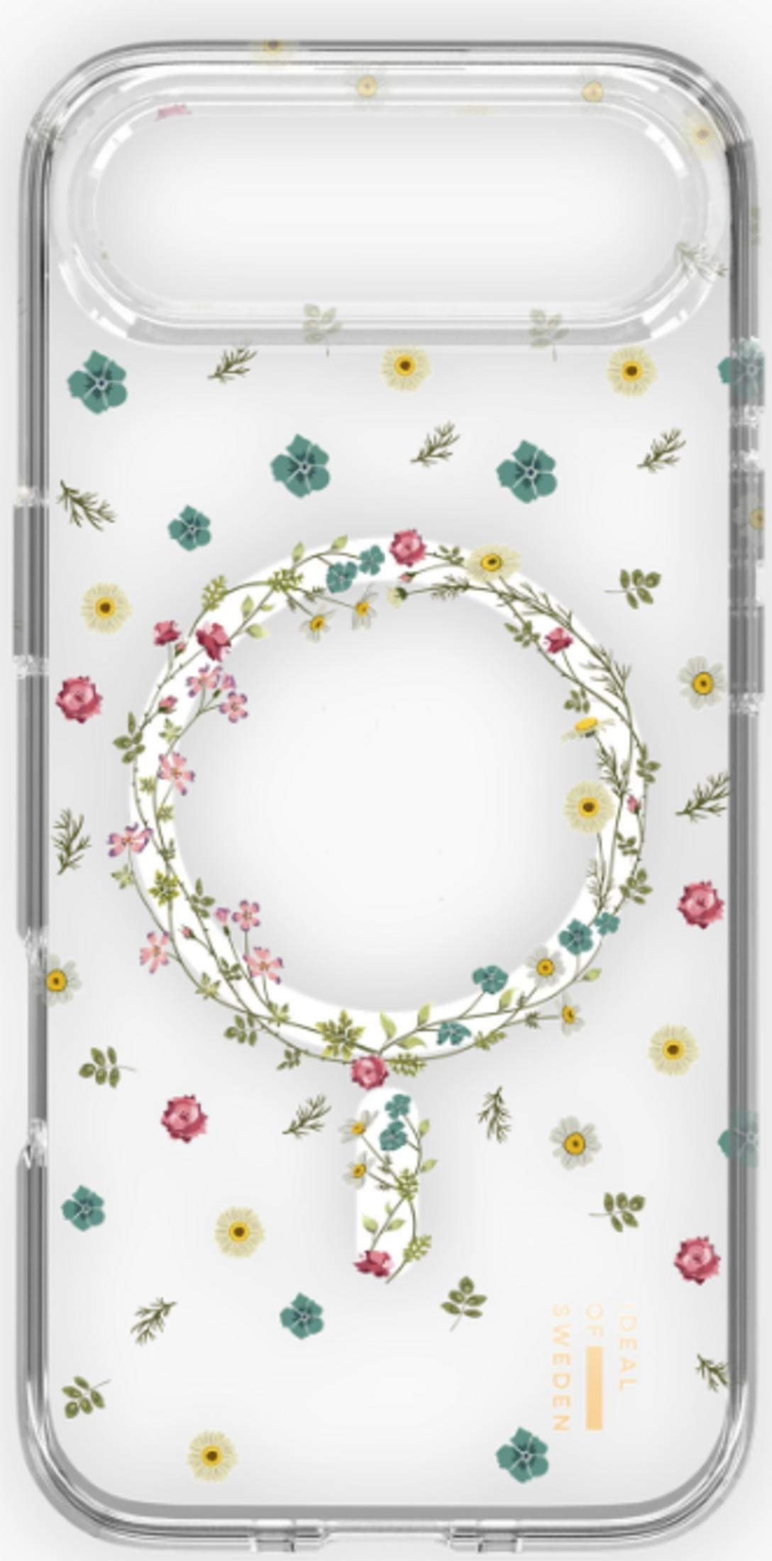 Eine durchsichtige Handyhülle mit einem Kranz aus Blumen und Blättern.