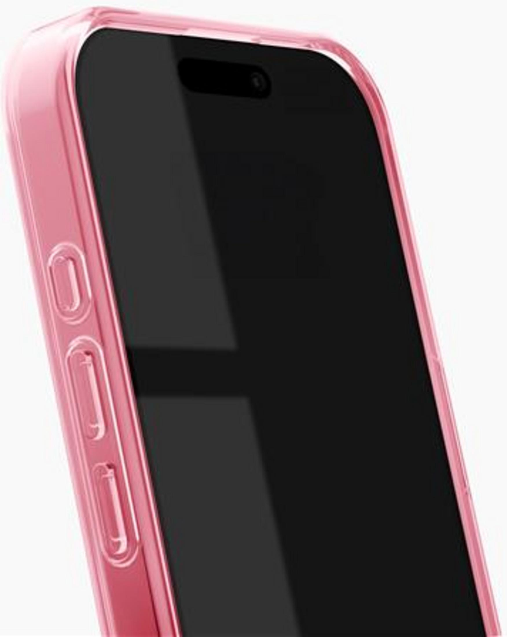 Rosa Hülle für ein Smartphone mit schwarzem Bildschirm und Seitentasten.