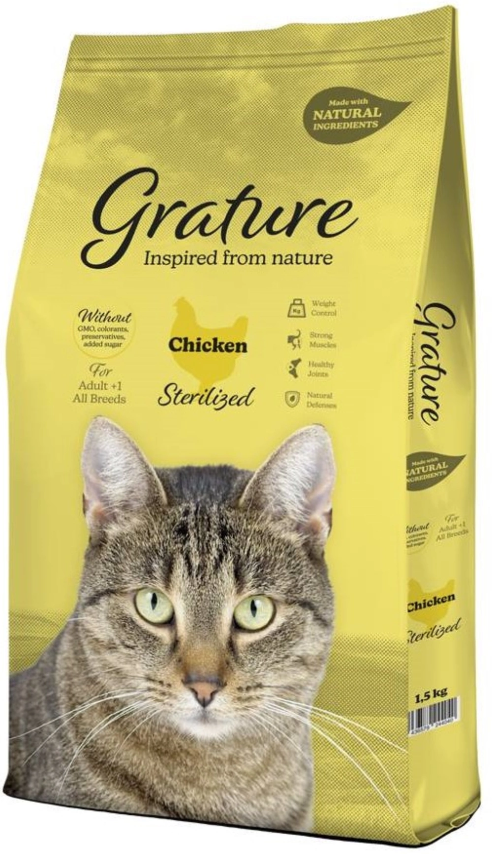 Una bolsa amarilla de comida para gatos con la cabeza de un gato atigrado mirando al frente.