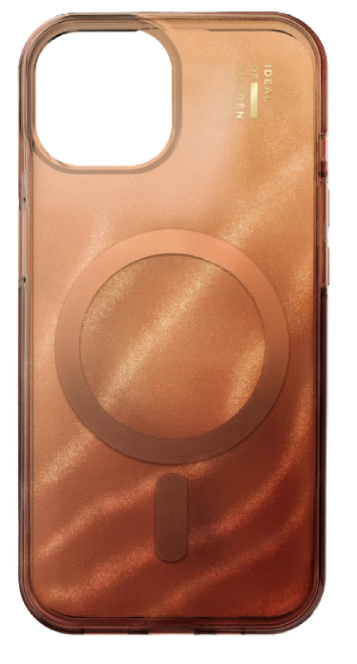 Transparente braune Handyhülle mit goldenem Glitzer und Kreis.