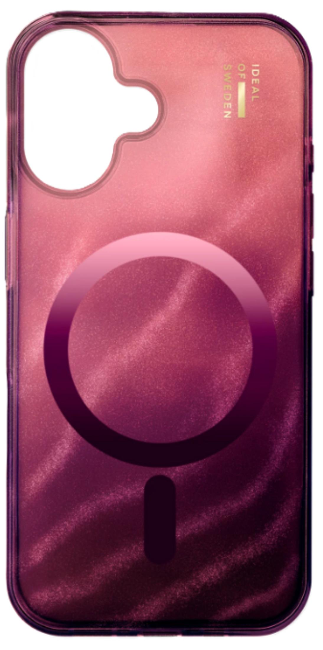Transparente Hülle mit Marmor-Effekt in Rosa, mit kreisförmiger Aussparung und Logo.