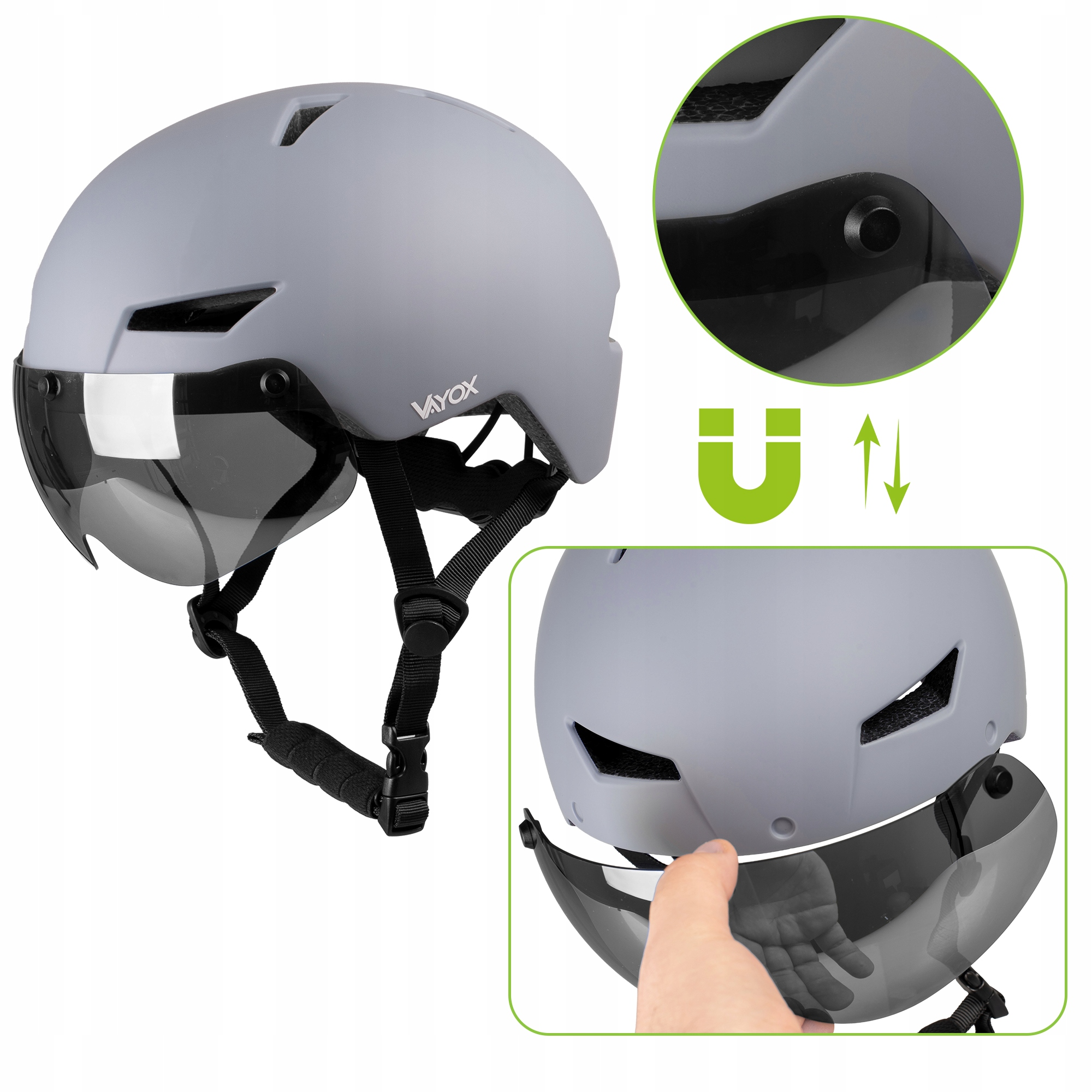 Szary kask rowerowy z odpinanym wizjerem i otworami wentylacyjnymi.