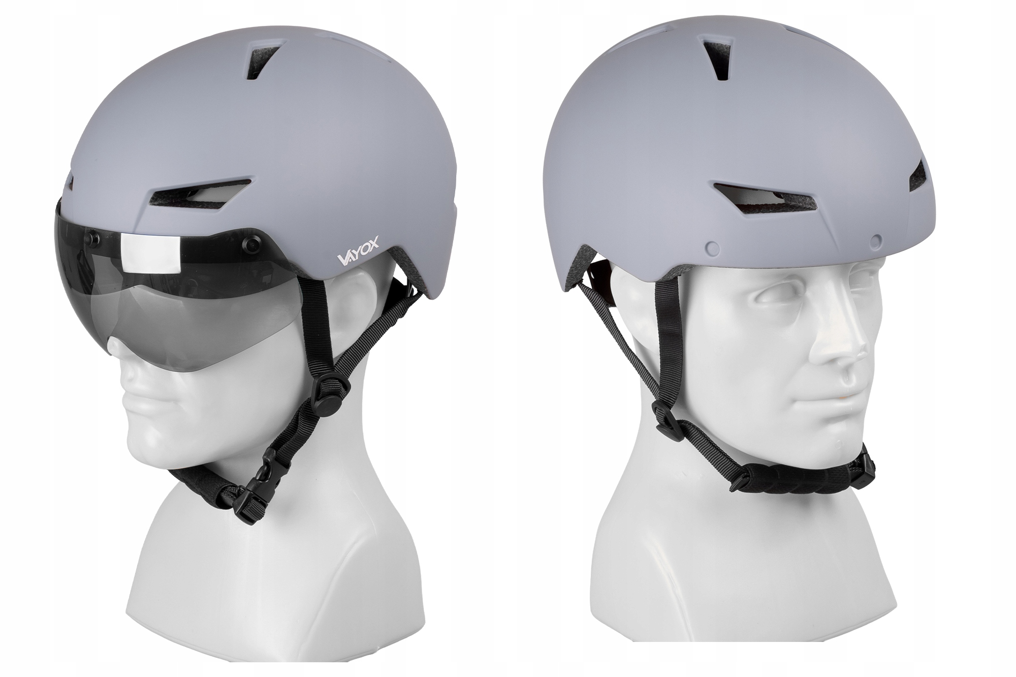 Szary kask rowerowy z wizjerem na białym manekinie.