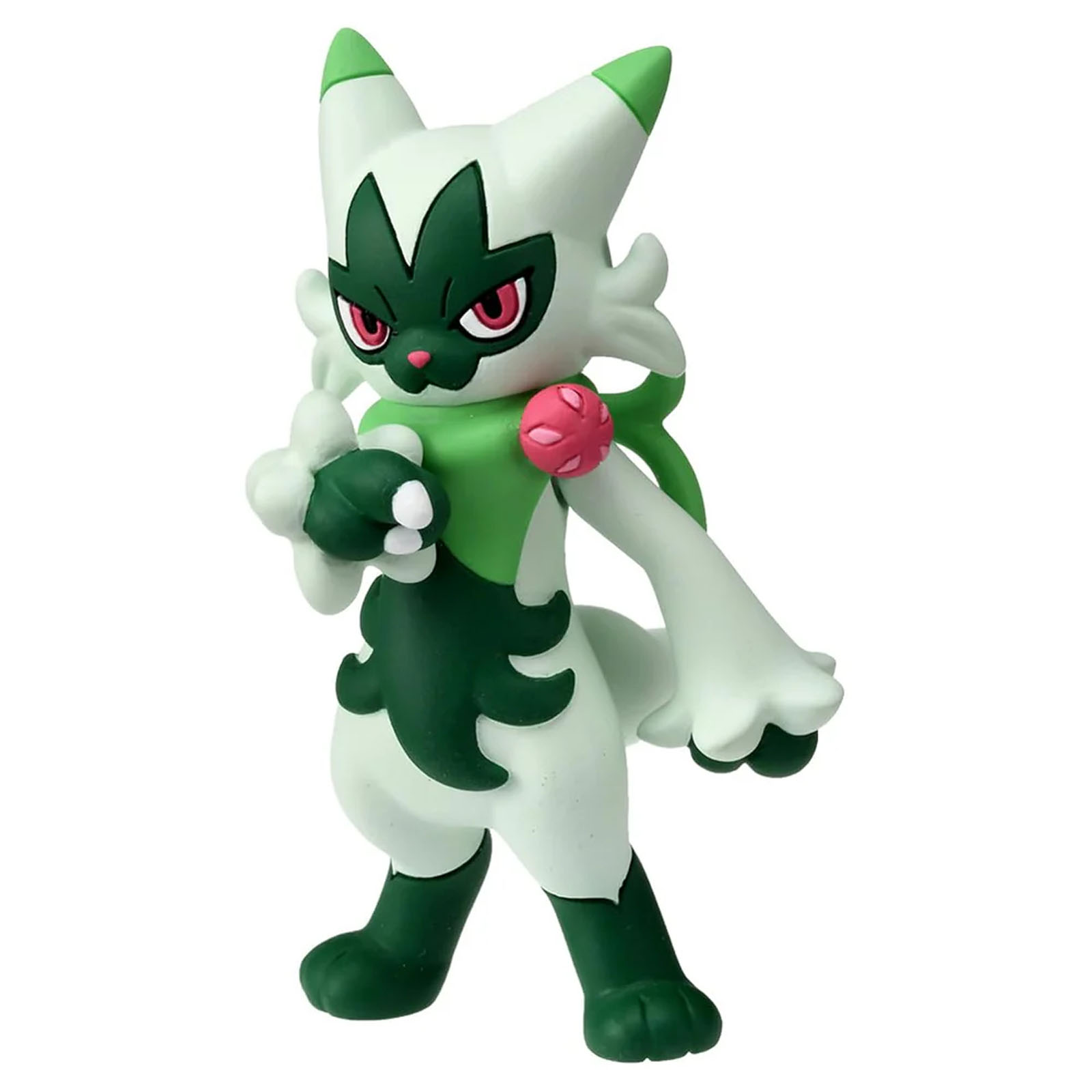 Eine weiße und grüne Katze-Figur mit roten Augen und einem Ball.
