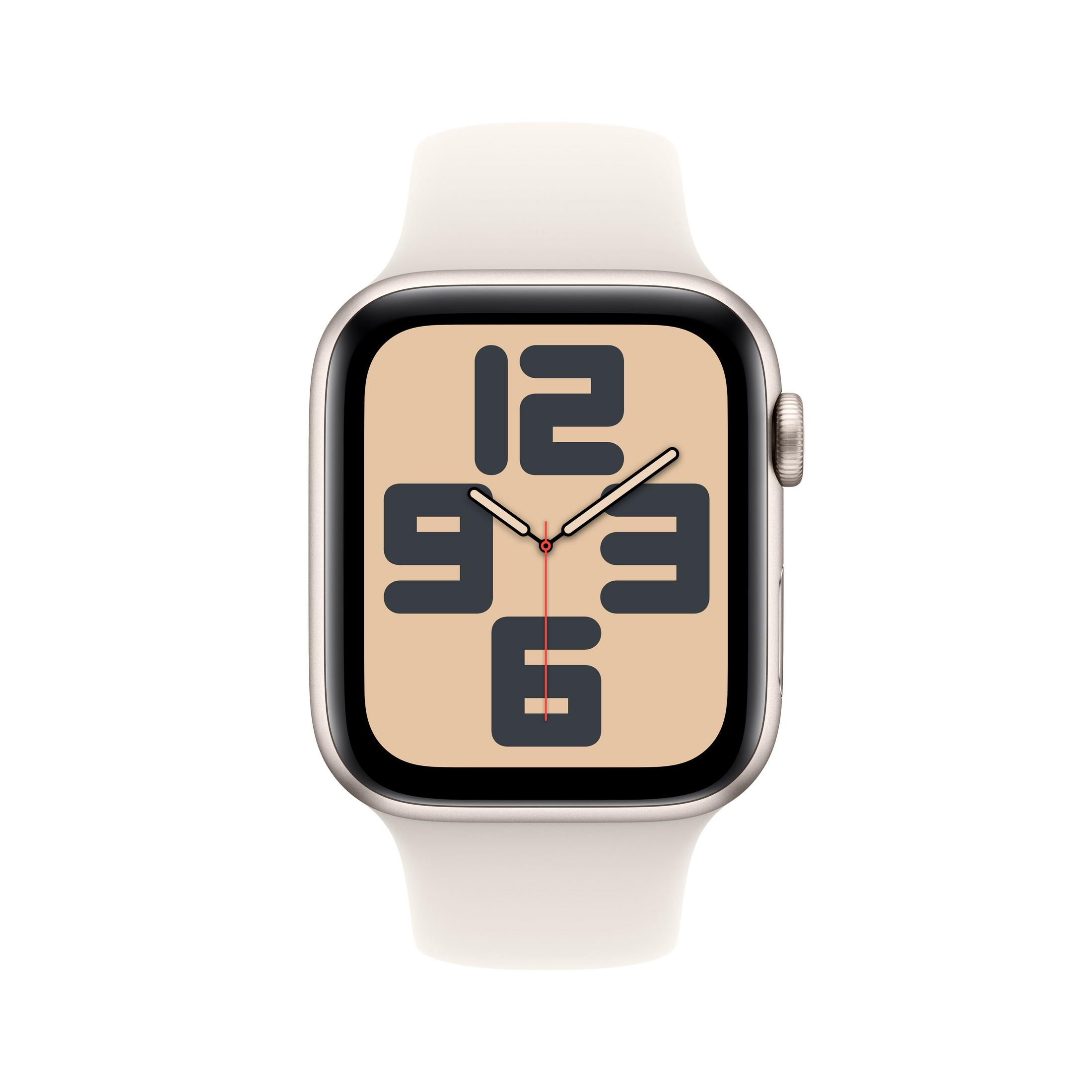 Biały smartwatch z tarczą pokazującą cyfry 12, 3, 6 i 9.
