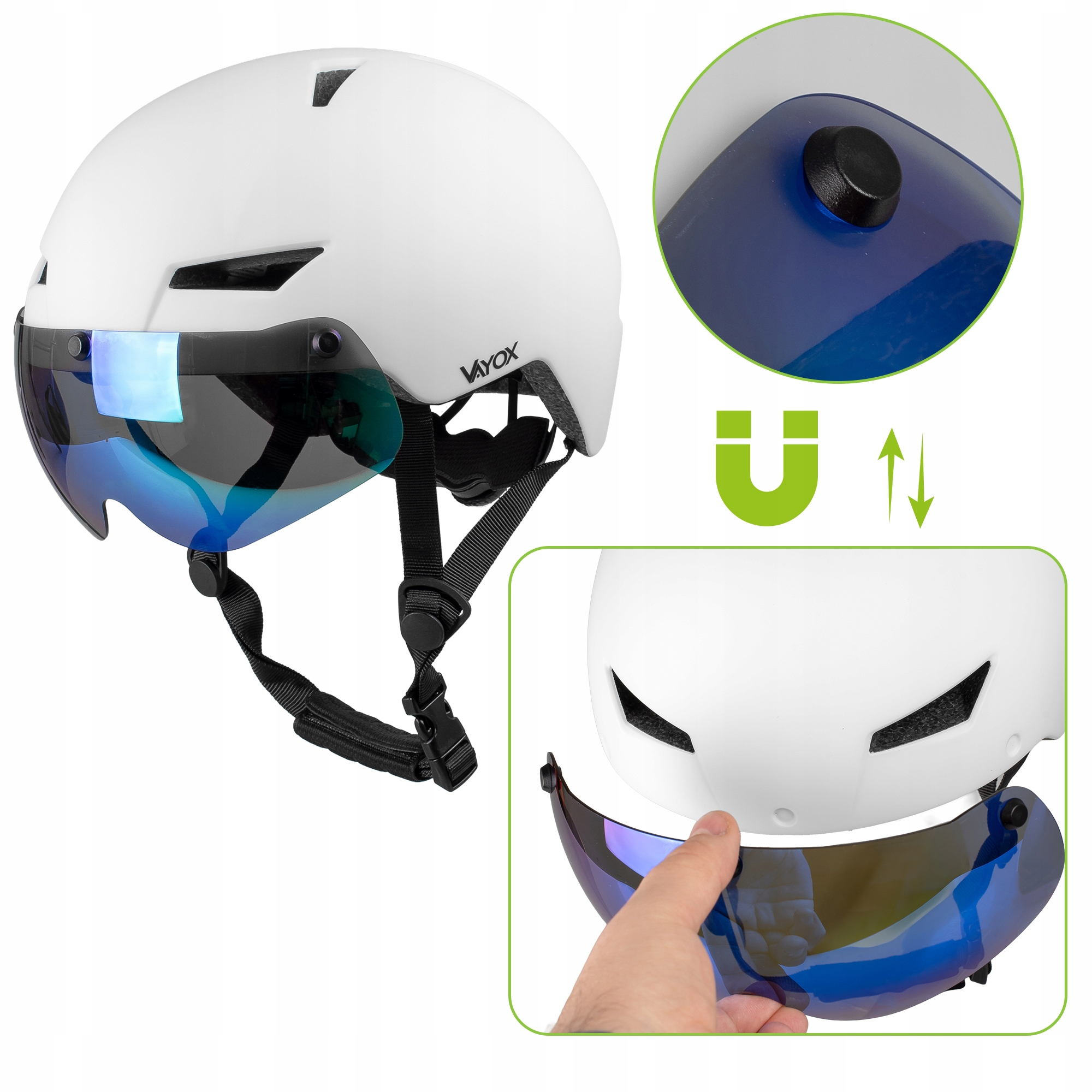 Biały kask rowerowy z odpinanym niebieskim wizjerem mocowanym magnetycznie.