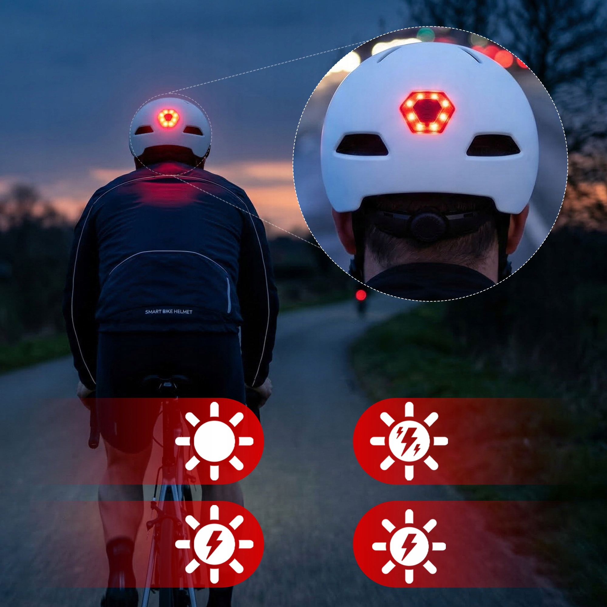 Kolarz w białym kasku z czerwonym światłem tylnym w nocy.