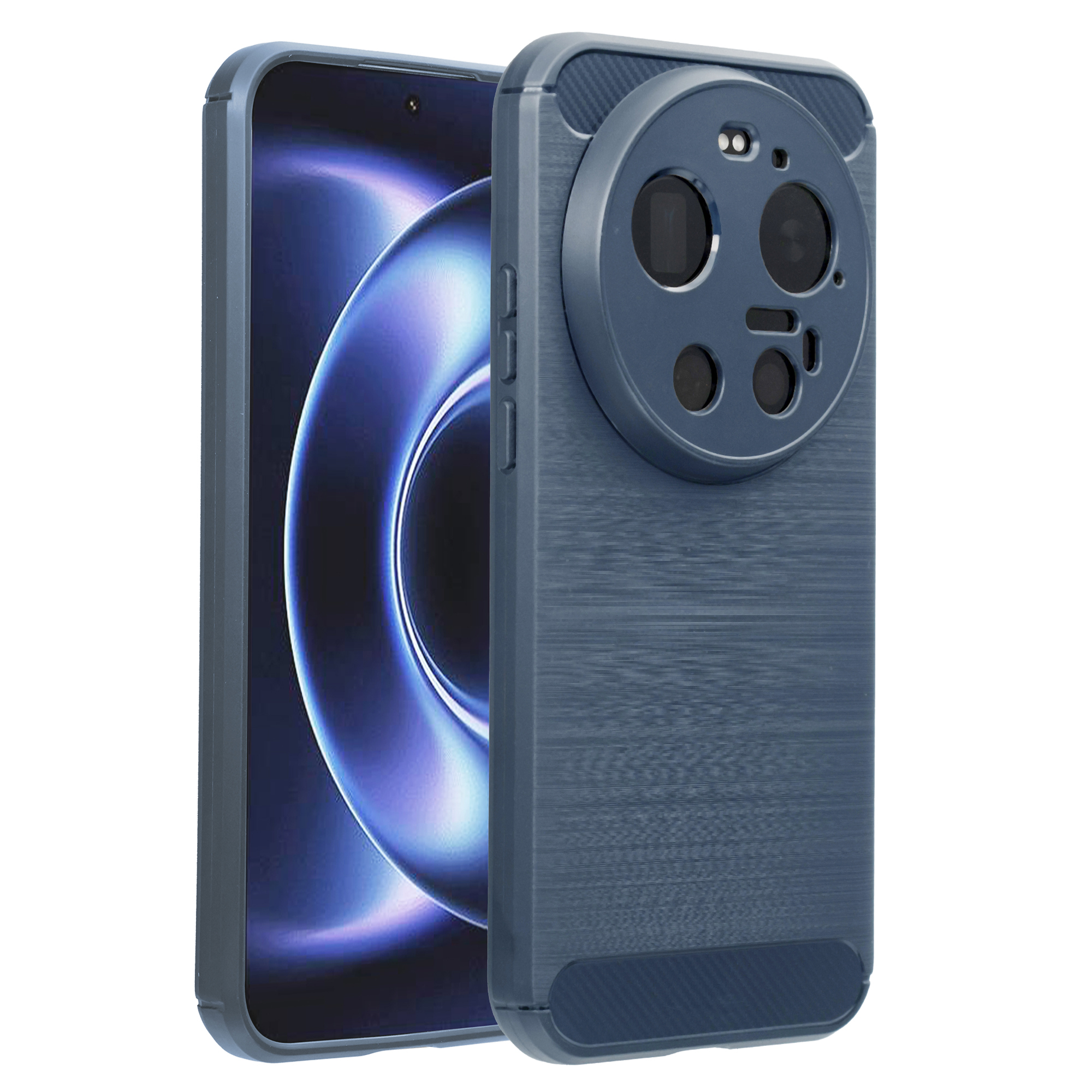 Un téléphone bleu avec un module caméra proéminent et un fond bleu.