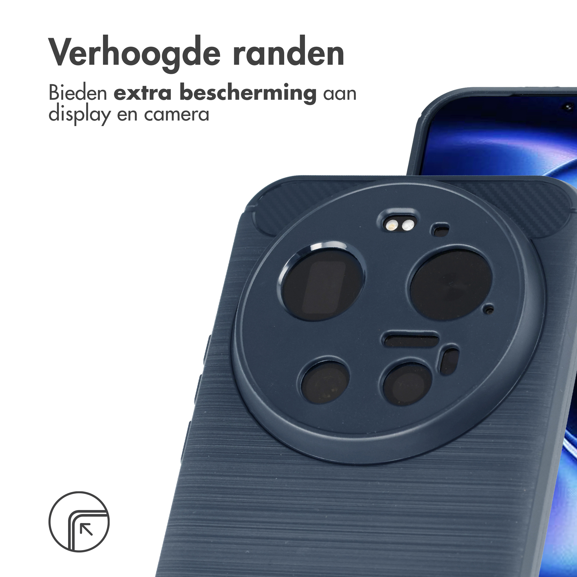 Étui de téléphone bleu foncé avec module caméra et bords surélevés.