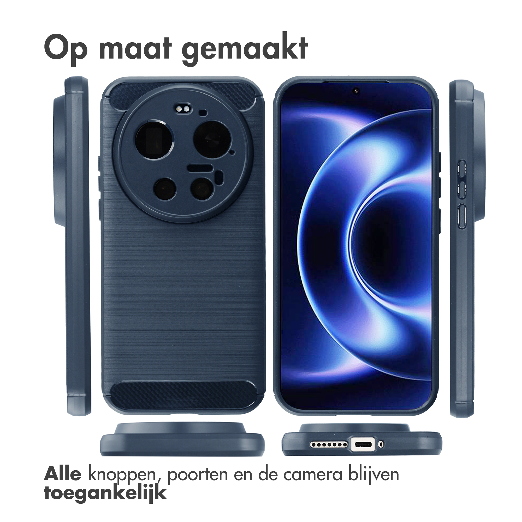 Trois vues d'une coque de téléphone bleue et d'un smartphone avec fond bleu.