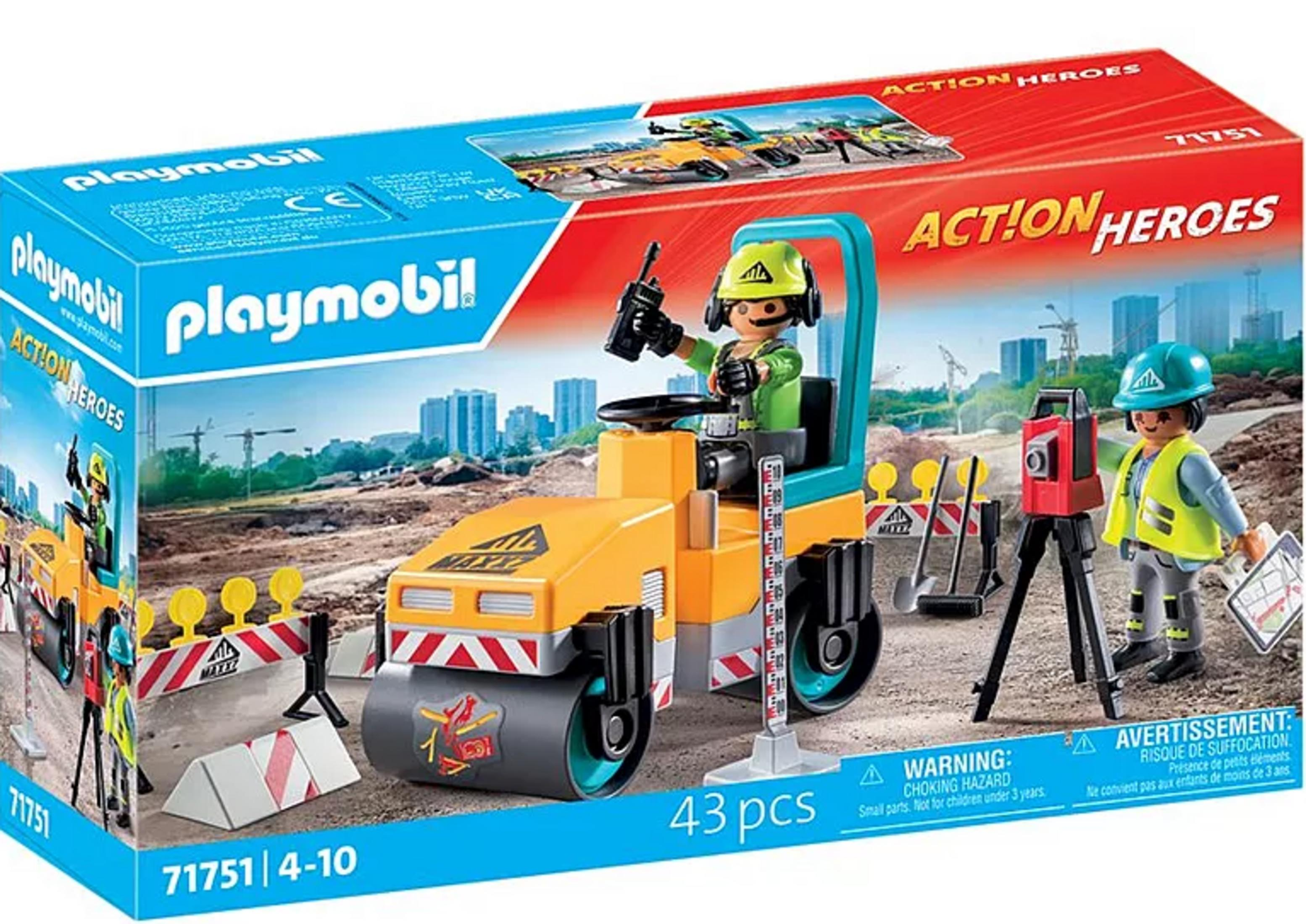 Zestaw Playmobil: Walec drogowy z figurkami i sprzętem geodezyjnym na budowie.