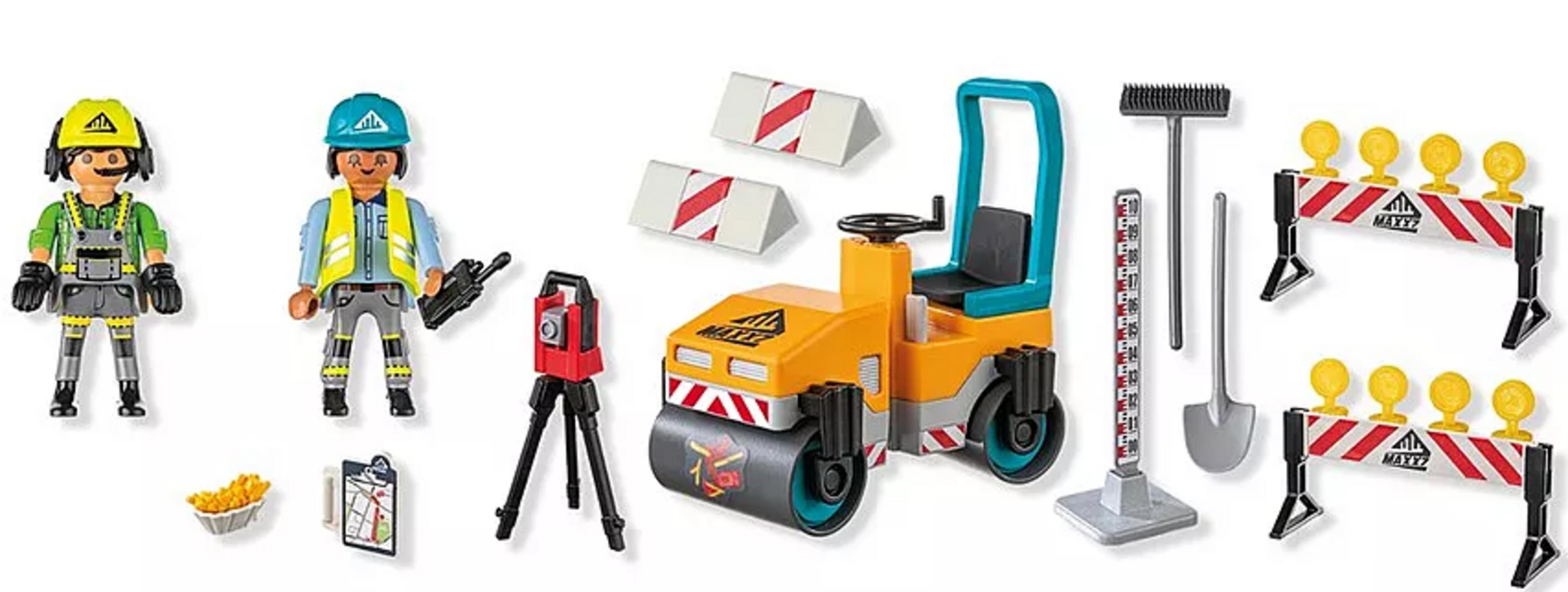Zabawki budowlańcy, walec, narzędzia i bariery na białym tle.