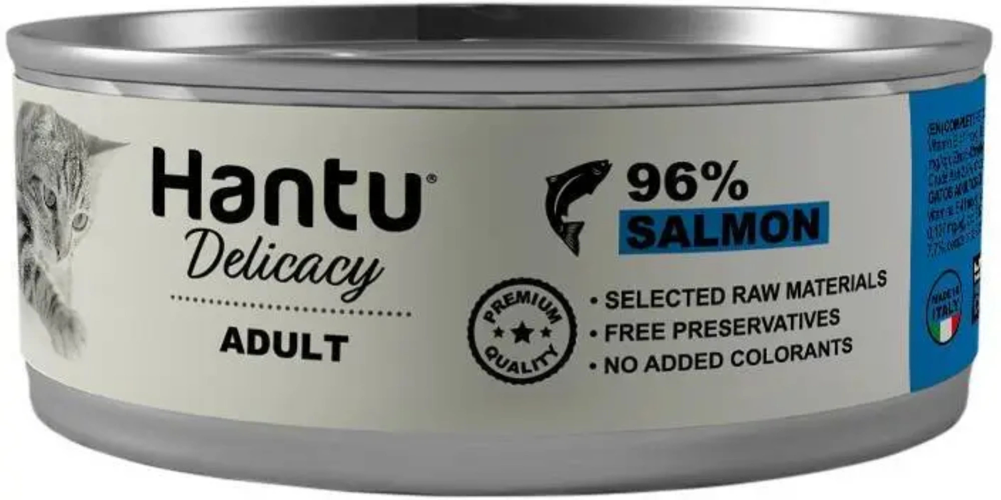 Comida para gatos Hantu Delicacy: 96% Salmón, sin aditivos. Hecho en Italia.