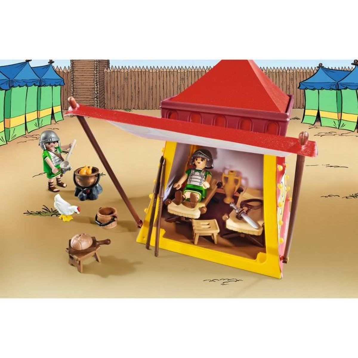 Playmobil römische Soldaten mit Zelten, einem Huhn und Kochtopf.