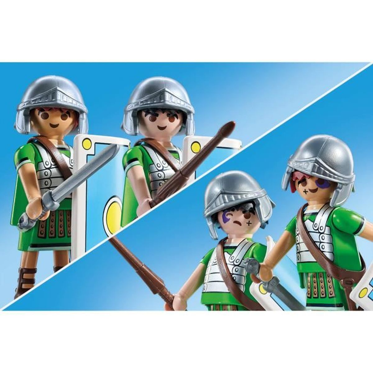 Vier Playmobil-Soldaten in grüner Kleidung mit silbernen Helmen und Waffen.