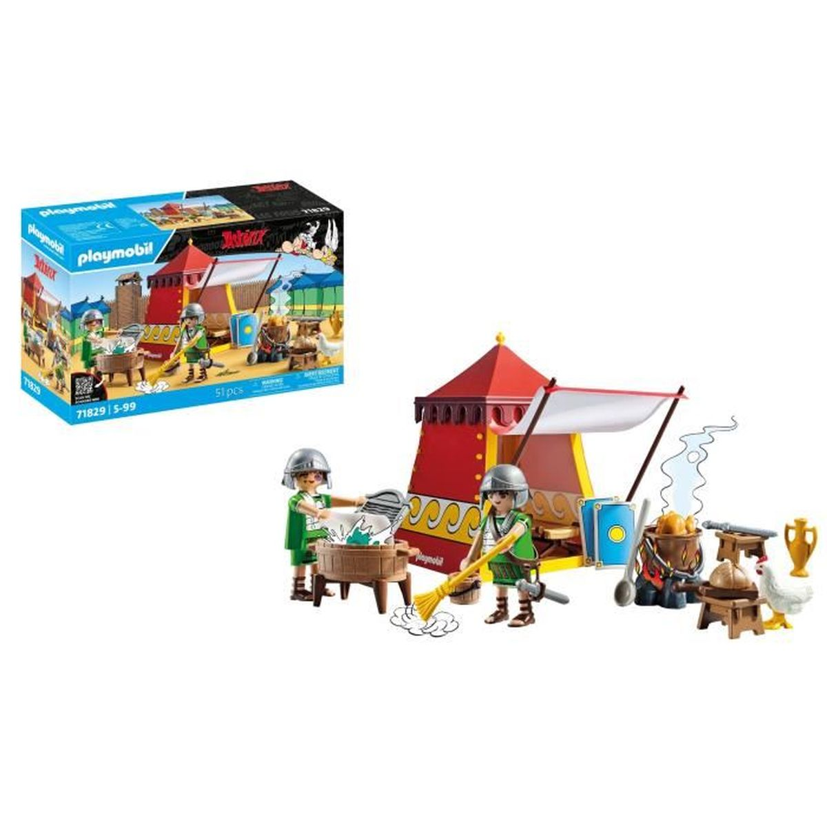 Playmobil-Set mit zwei Soldaten, einem Zelt und Huhn.
