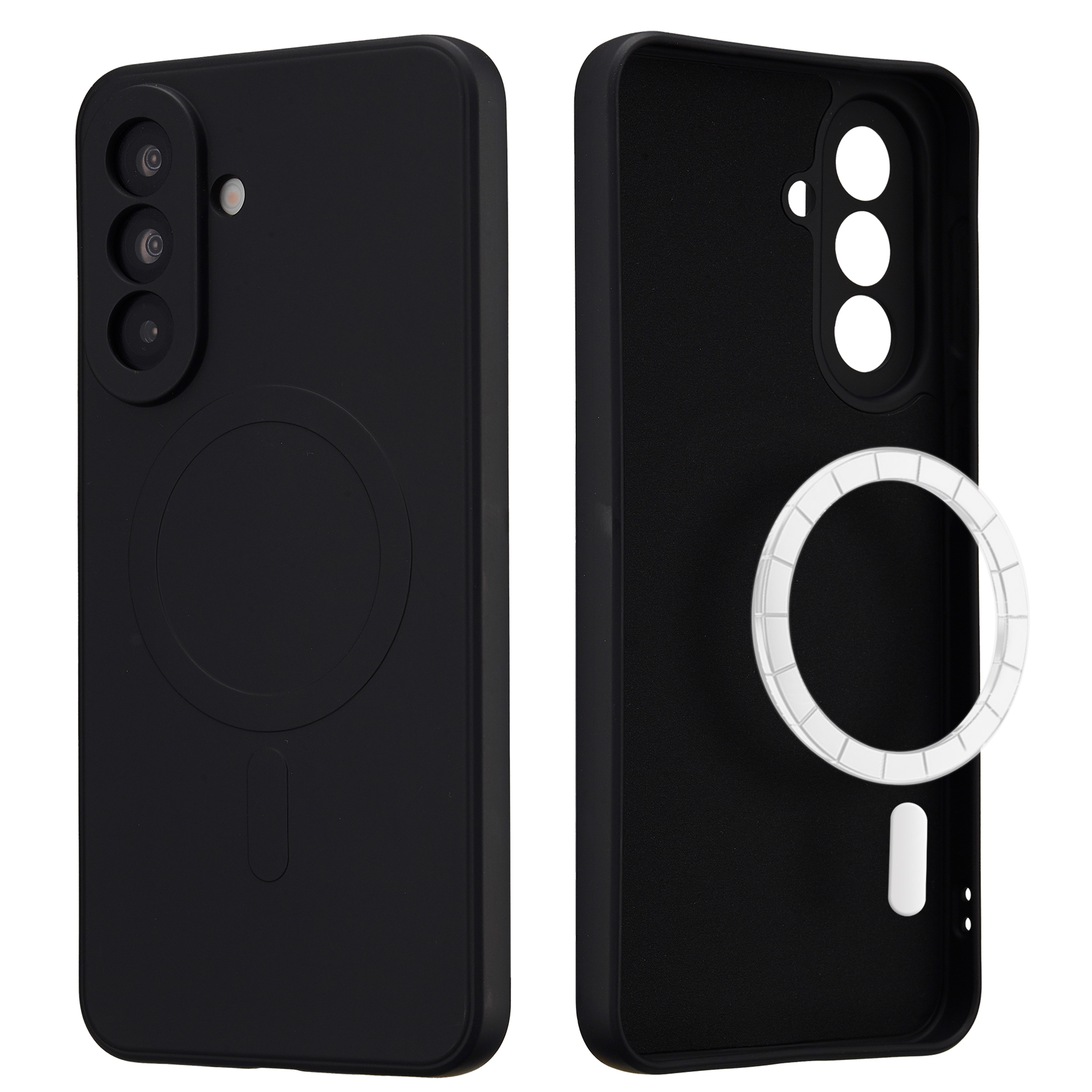 Coque de téléphone noire avec trois objectifs et un anneau magnétique.